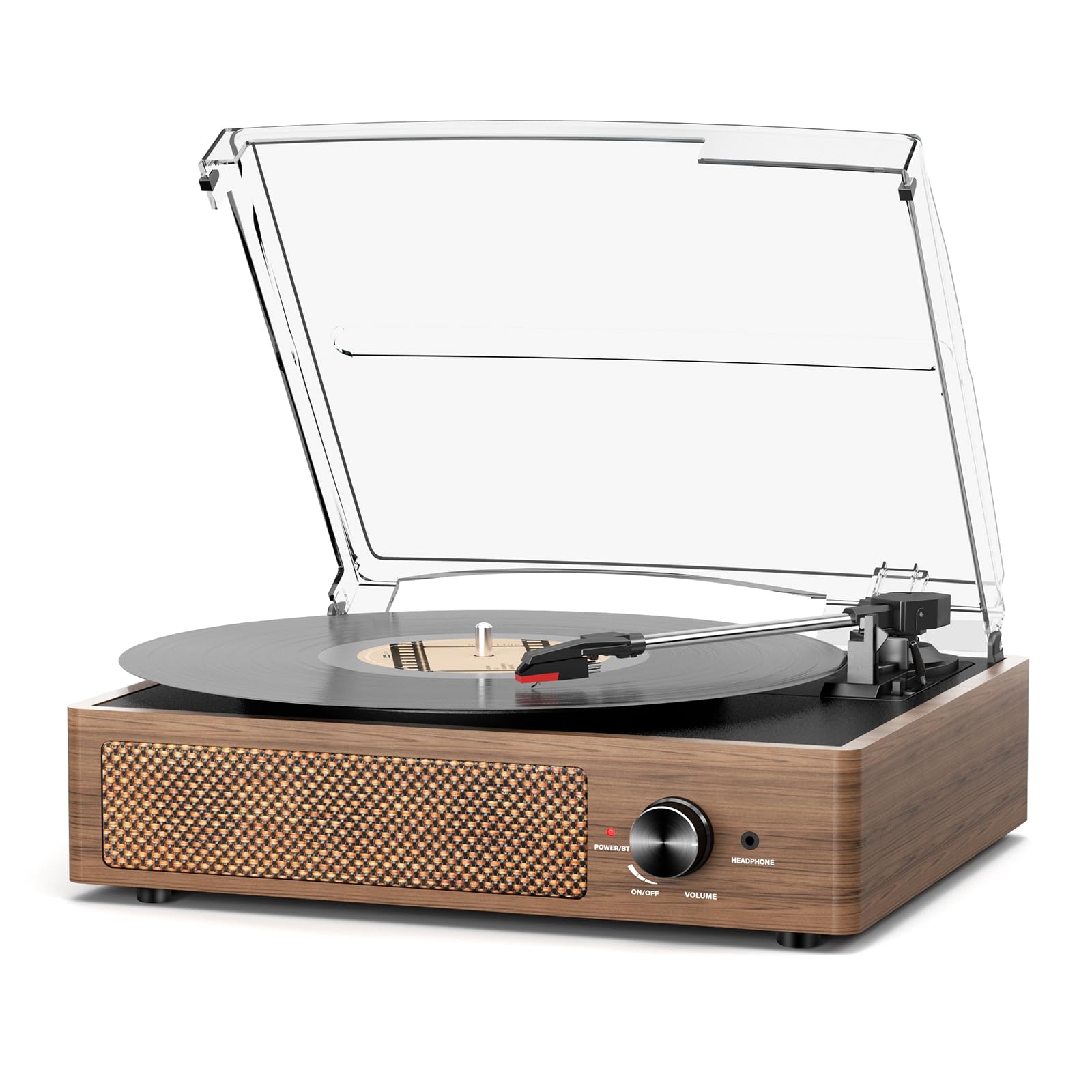 Record Player for Vinyl with 2 Build-in Speakers LP Vinyl Players Belt-Driven Vintage Turntables 3 Speed 3 Size, Wireless Bluetooth Playback, AUX-in, RCA Out, Headphone, Auto Stop Wood Brown