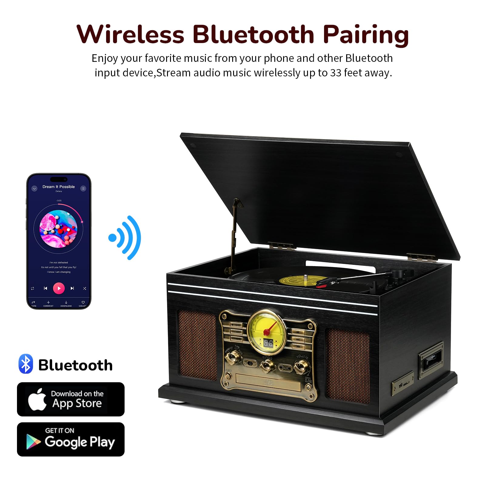 FEKTIK Bluetooth Record Player 10 in 1,FEKTIK 3-Speed Turntable for Vinyl with Speakers, LP to MP3 Converter, CD, Cassette Player, FM Radio, Wireless Streaming | Black