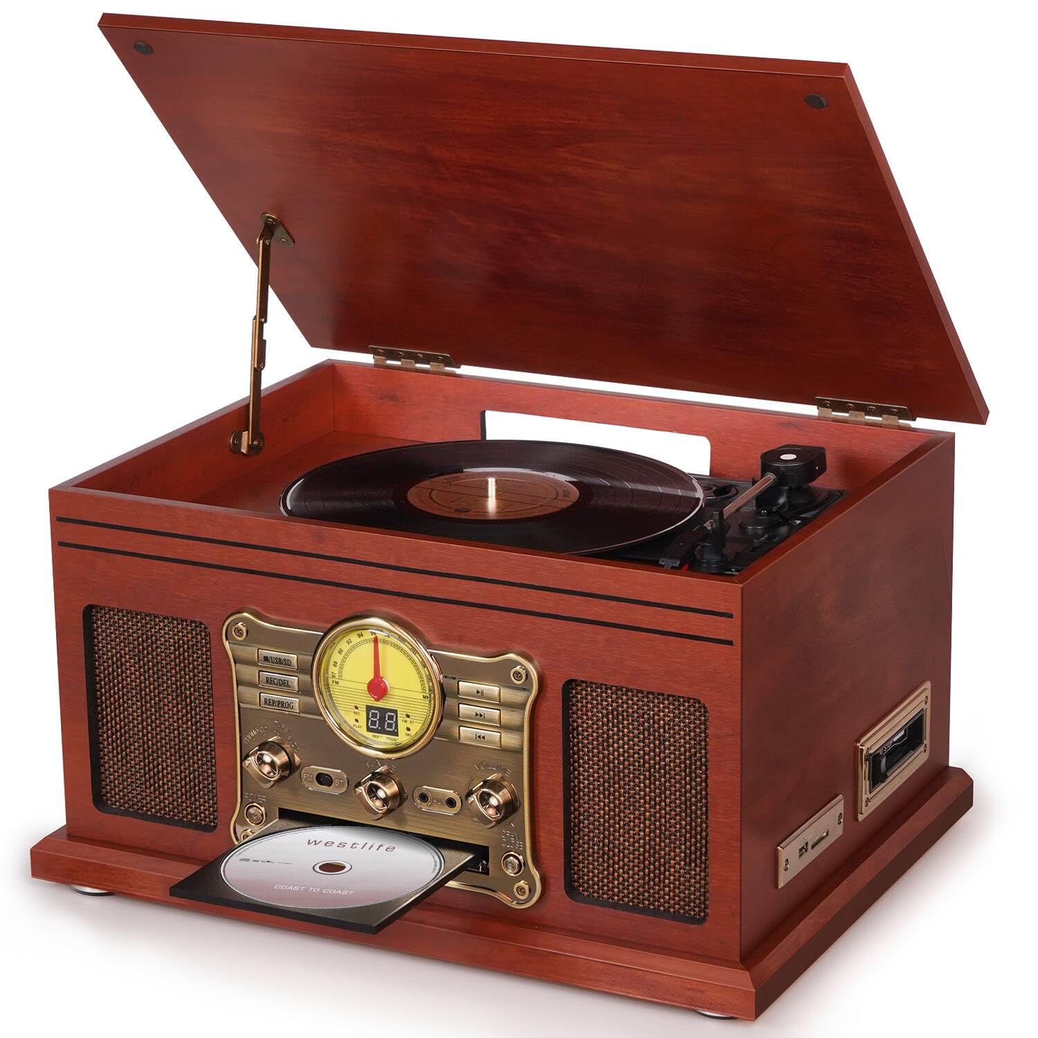 Bluetooth Record Player 10 in 1, 3-Speed Turntable for Vinyl with Speakers, LP to MP3 Converter, CD, Cassette Player, FM Radio, Wireless Streaming | Mahogany