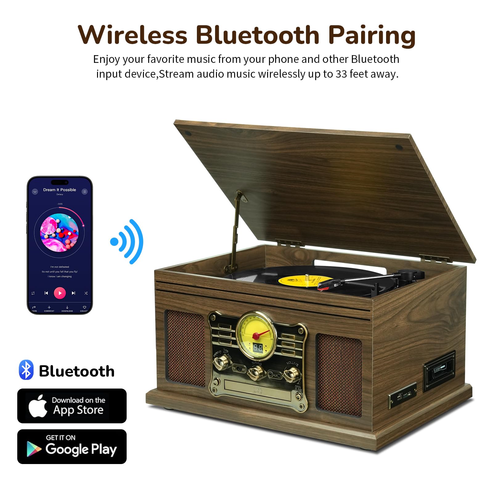 FEKTIK Bluetooth Record Player 10 in 1,FEKTIK 3-Speed Turntable for Vinyl with Speakers, LP to MP3 Converter, CD, Cassette Player, FM Radio, Wireless Streaming | Wooden
