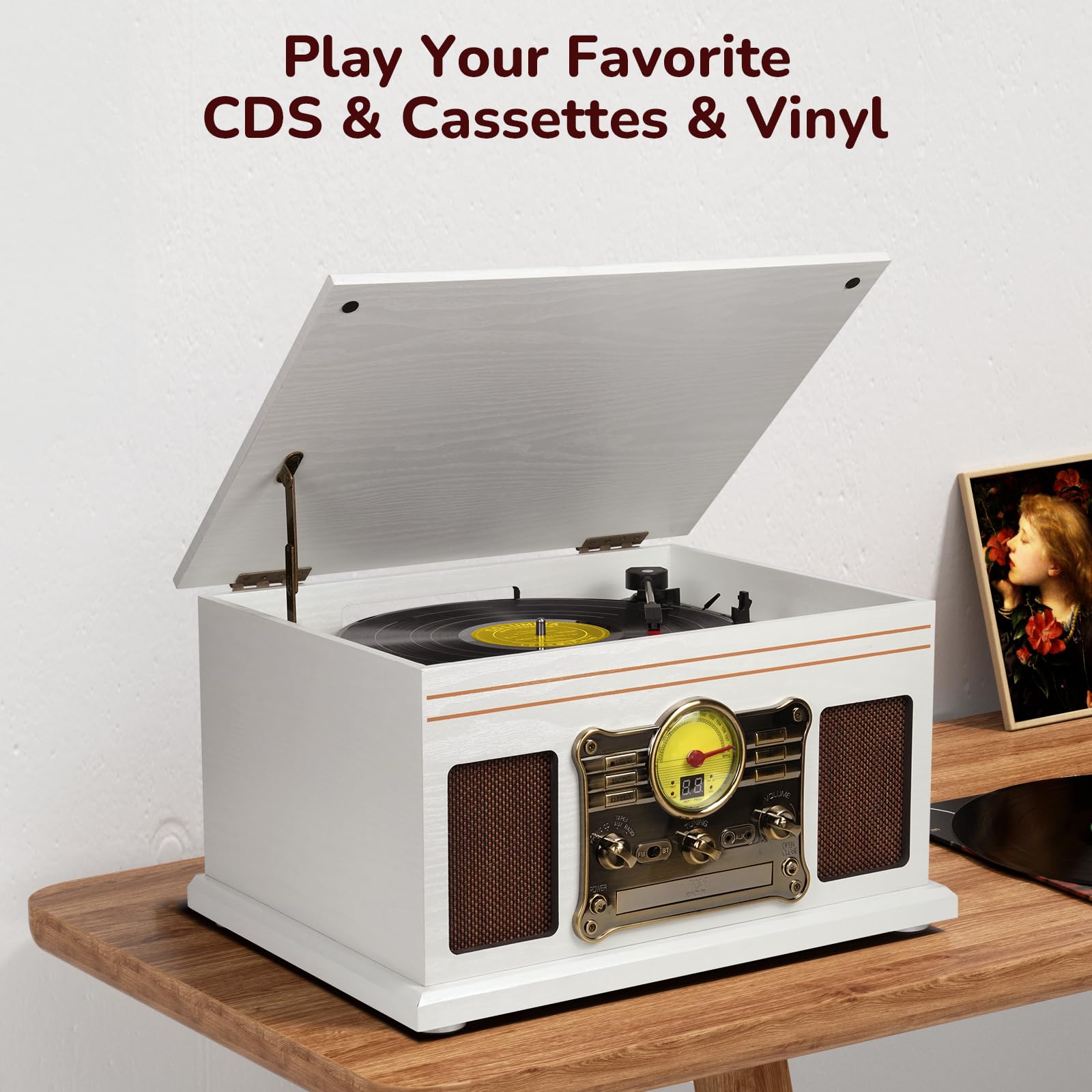 FEKTIK Bluetooth Record Player 10 in 1,FEKTIK 3-Speed Turntable for Vinyl with Speakers, LP to MP3 Converter, CD, Cassette Player, FM Radio, Wireless Streaming | White