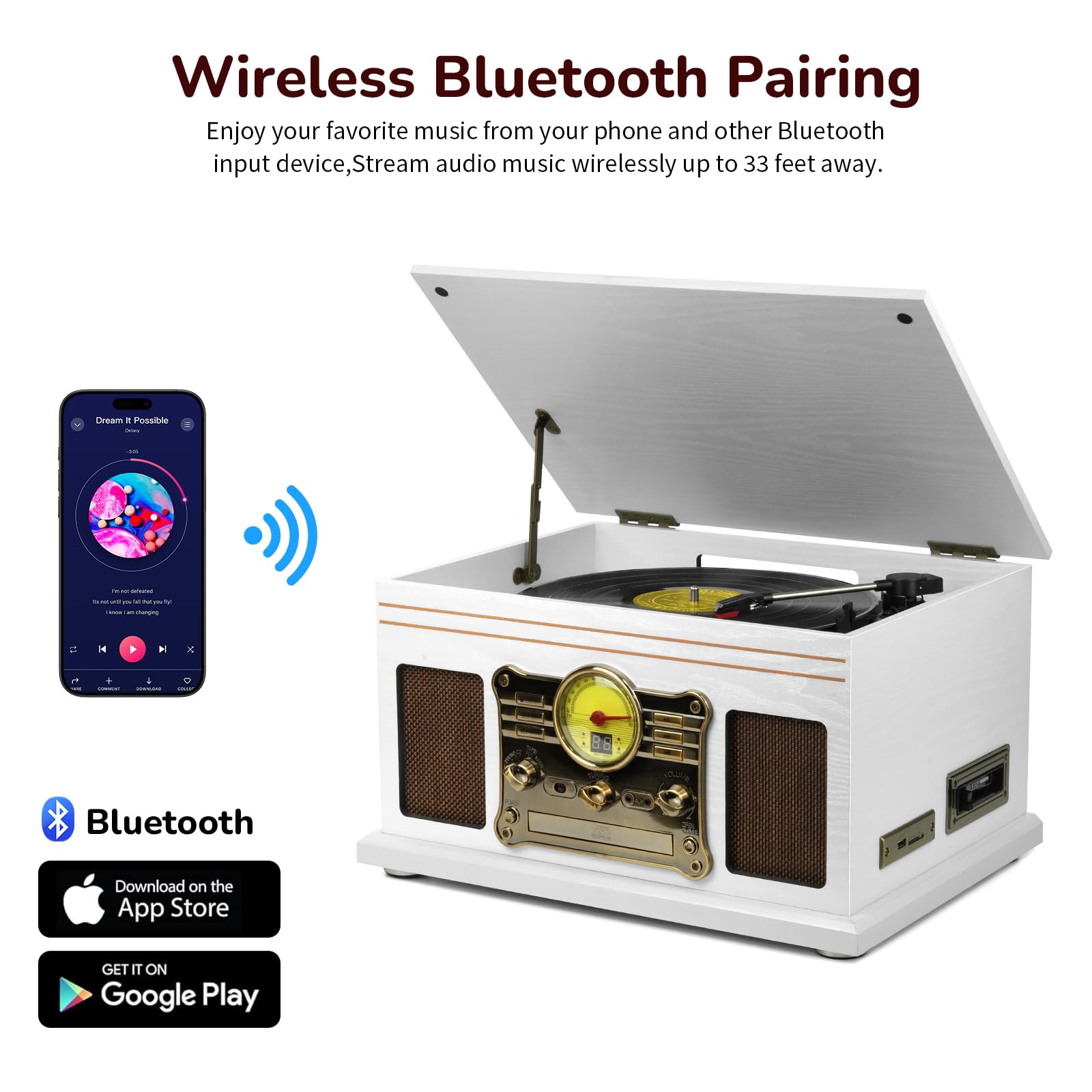 FEKTIK Bluetooth Record Player 10 in 1,FEKTIK 3-Speed Turntable for Vinyl with Speakers, LP to MP3 Converter, CD, Cassette Player, FM Radio, Wireless Streaming | White