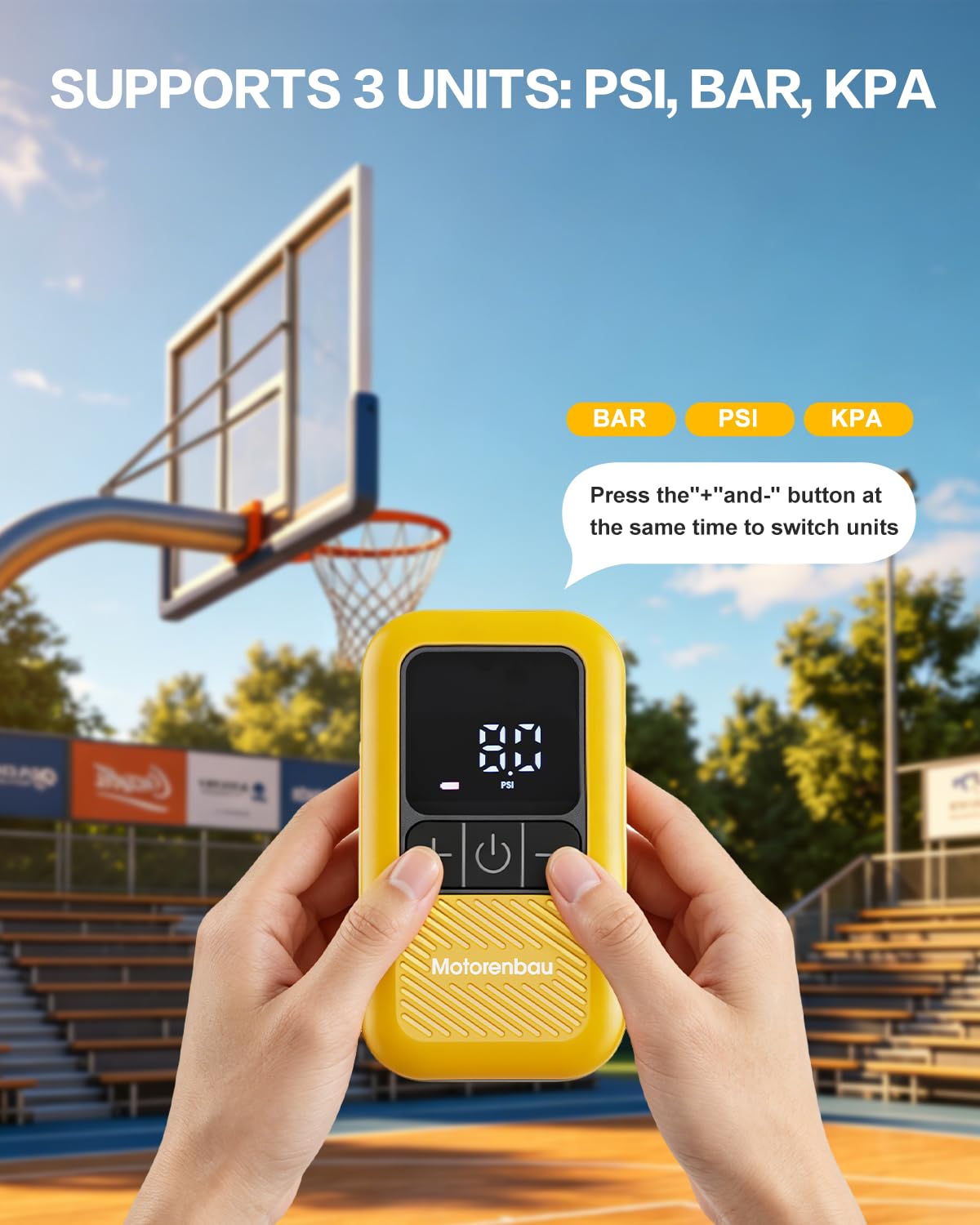 Motorenbau Electric Ball Pump for Sports Balls with LCD Display & LED Light-yellow