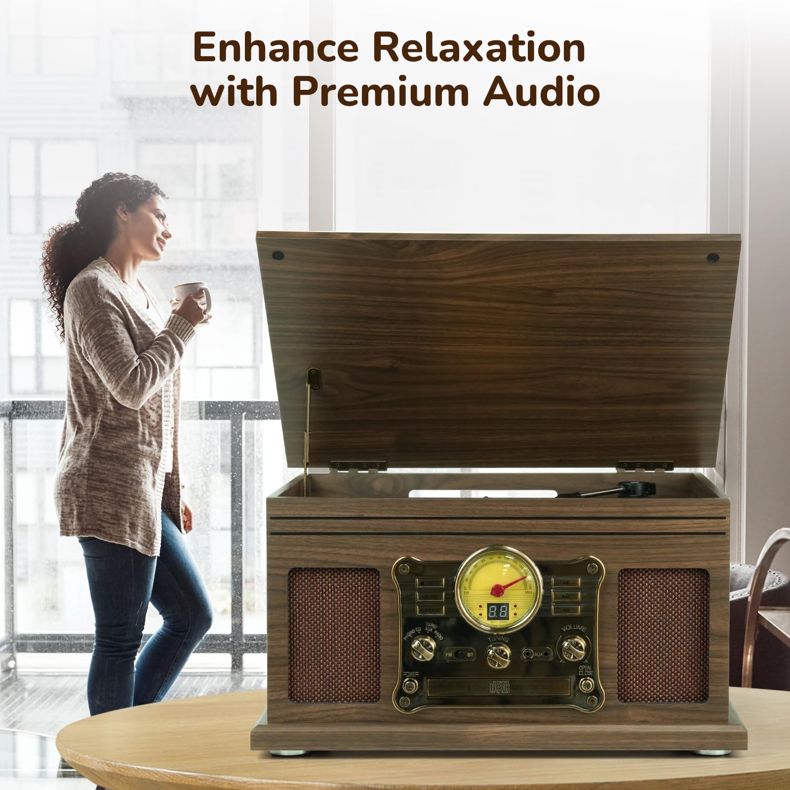 FEKTIK Bluetooth Record Player 10 in 1,FEKTIK 3-Speed Turntable for Vinyl with Speakers, LP to MP3 Converter, CD, Cassette Player, FM Radio, Wireless Streaming | Wooden
