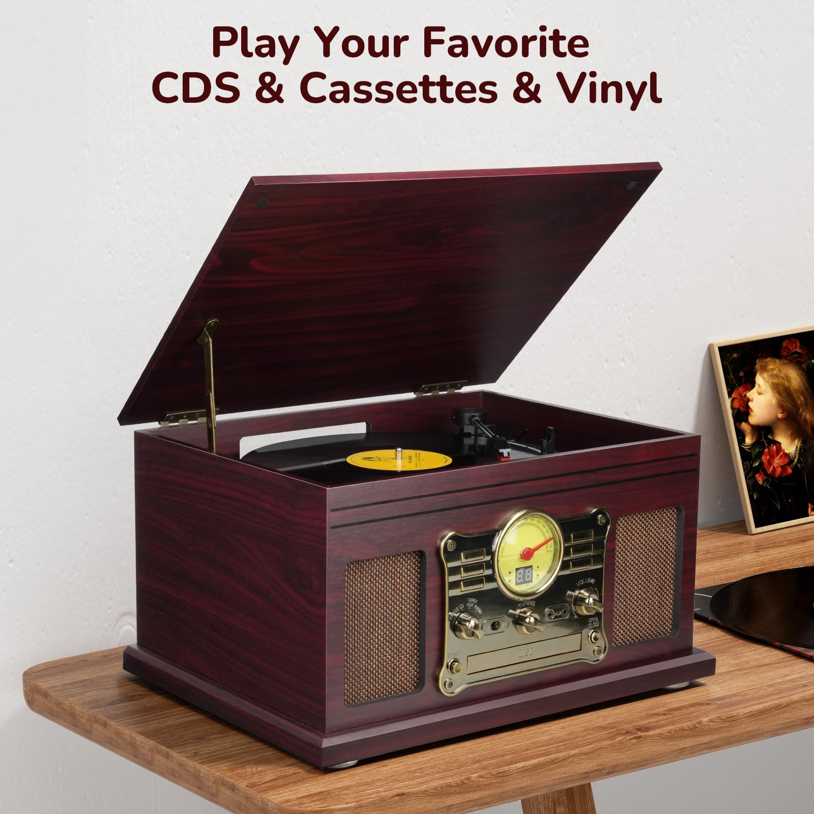 FEKTIK Bluetooth Record Player 10 in 1,FEKTIK 3-Speed Turntable for Vinyl with Speakers, LP to MP3 Converter, CD, Cassette Player, FM Radio, Wireless Streaming | Coffee