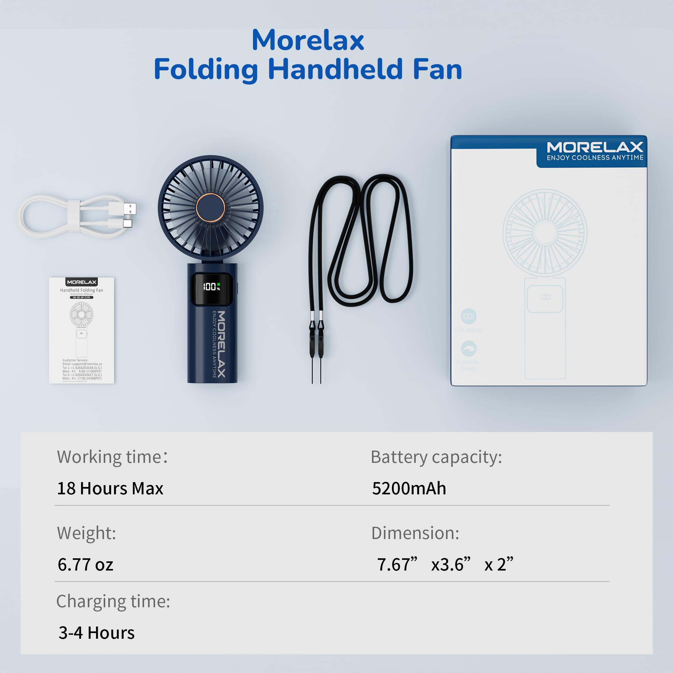 Portable Handheld Fan, USB Rechargeable Foldable Mini Personal Fan, 5200mAh, 180 Adjustable, 6 Speed Wind, 3 IN 1 Hand Cooling Desk Fan with LED Display for Home Office School Outdoor Travel, Blue