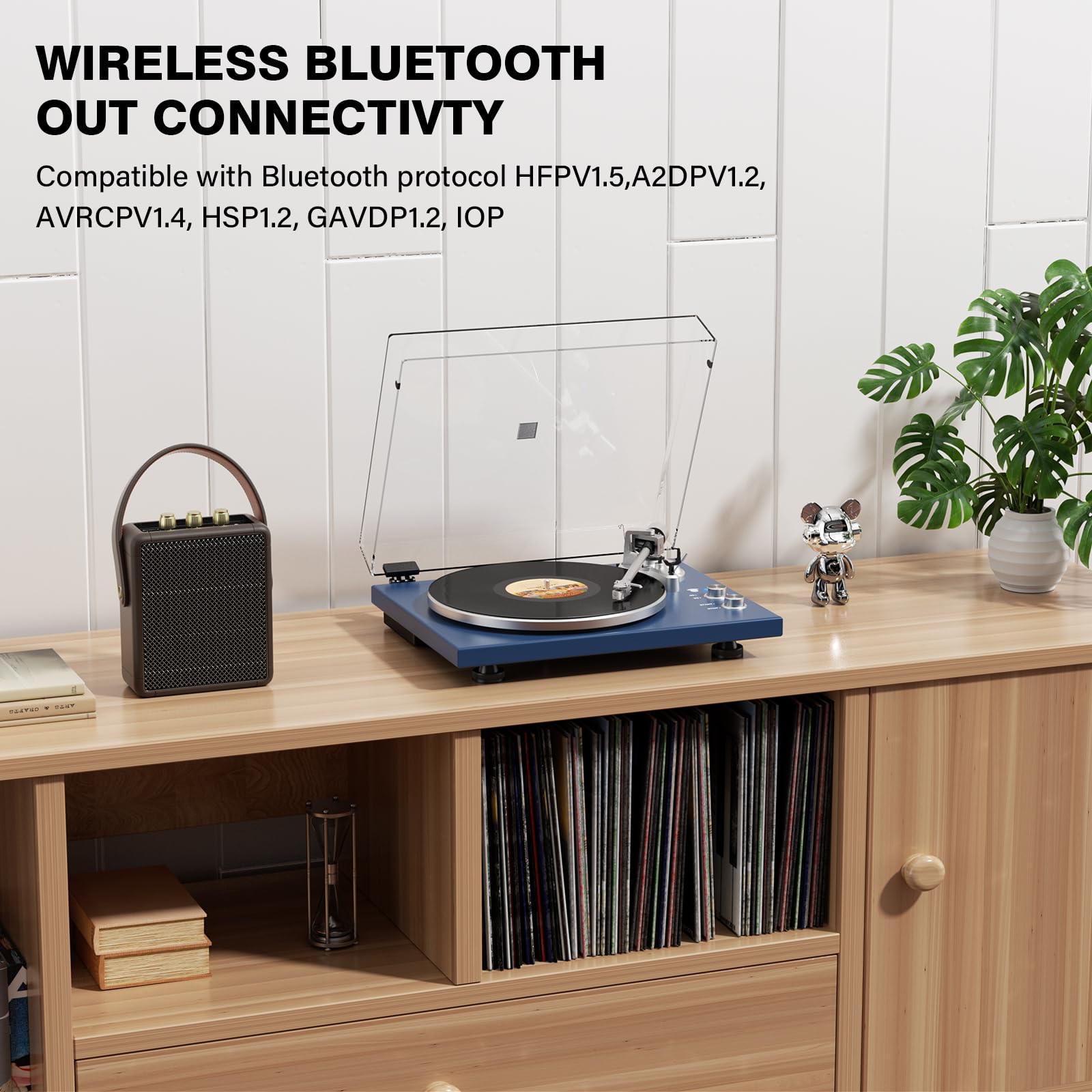 Belt Drive Turntable for Vinyl Record Player, Bluetooth Output, Built-in Phono Preamp, USB Digital Output, Magnetic Cartridge, 33/45 RPM, Wood Design, No Built-in Speakers(Blue)