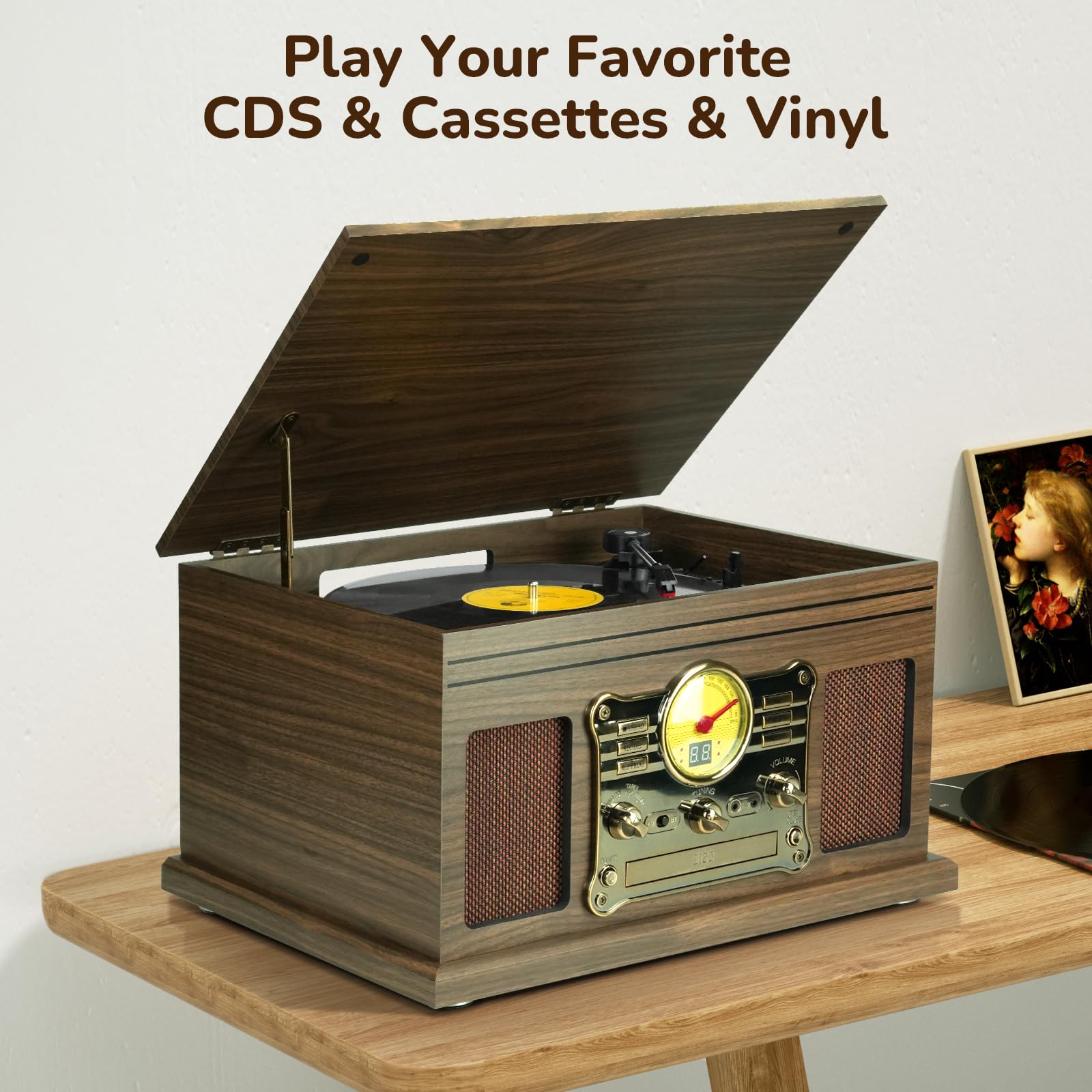 FEKTIK Bluetooth Record Player 10 in 1,FEKTIK 3-Speed Turntable for Vinyl with Speakers, LP to MP3 Converter, CD, Cassette Player, FM Radio, Wireless Streaming | Wooden