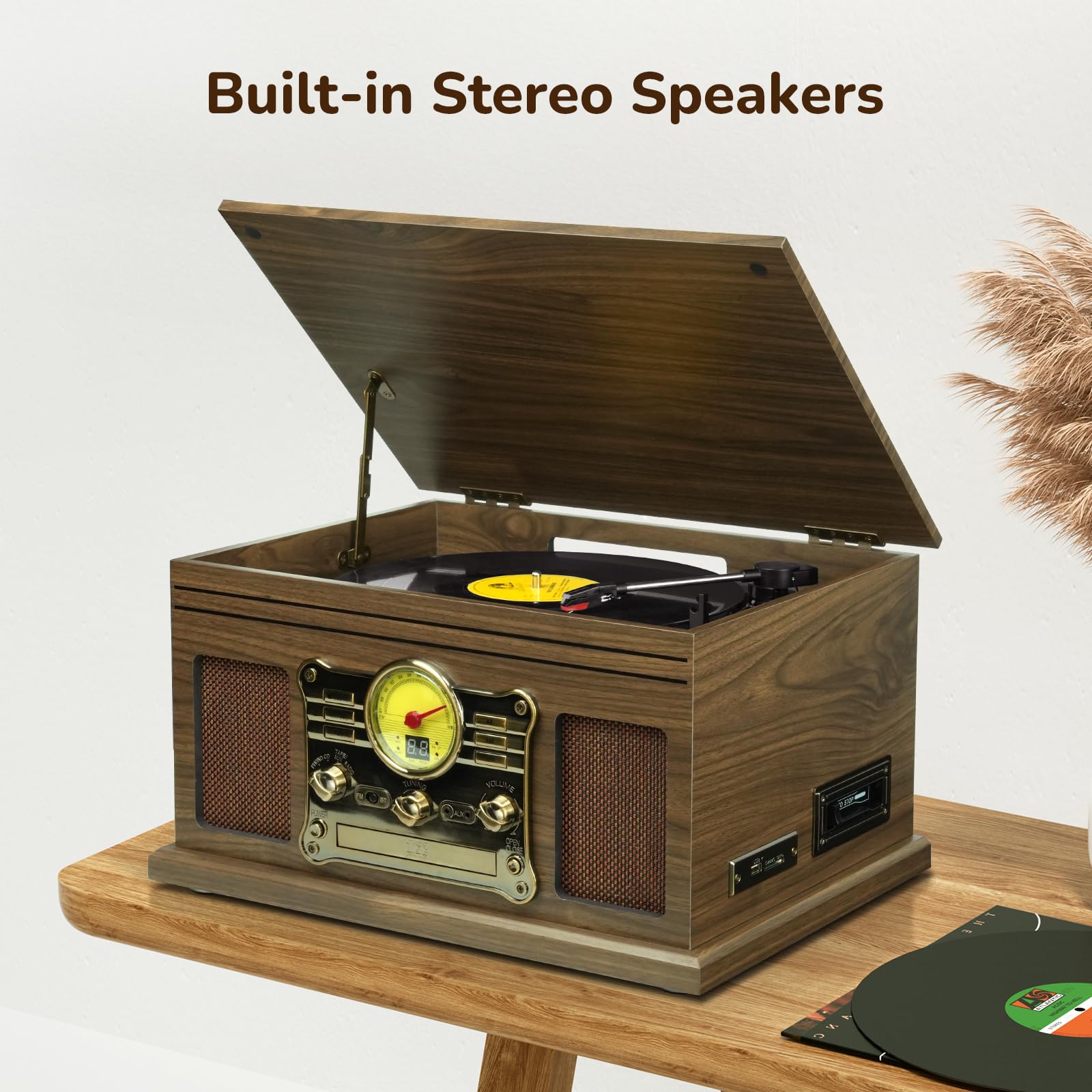 FEKTIK Bluetooth Record Player 10 in 1,FEKTIK 3-Speed Turntable for Vinyl with Speakers, LP to MP3 Converter, CD, Cassette Player, FM Radio, Wireless Streaming | Wooden