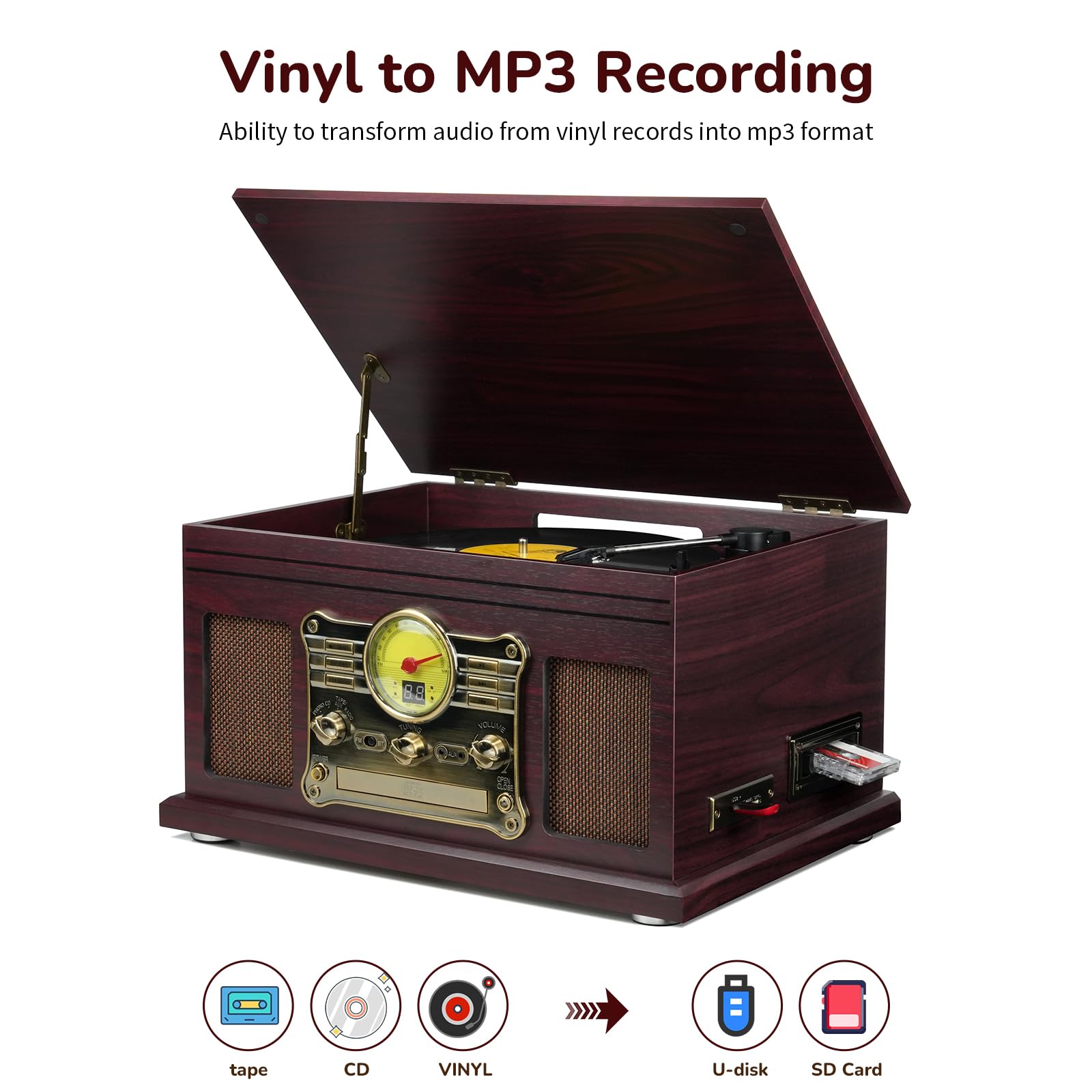 FEKTIK Bluetooth Record Player 10 in 1,FEKTIK 3-Speed Turntable for Vinyl with Speakers, LP to MP3 Converter, CD, Cassette Player, FM Radio, Wireless Streaming | Coffee