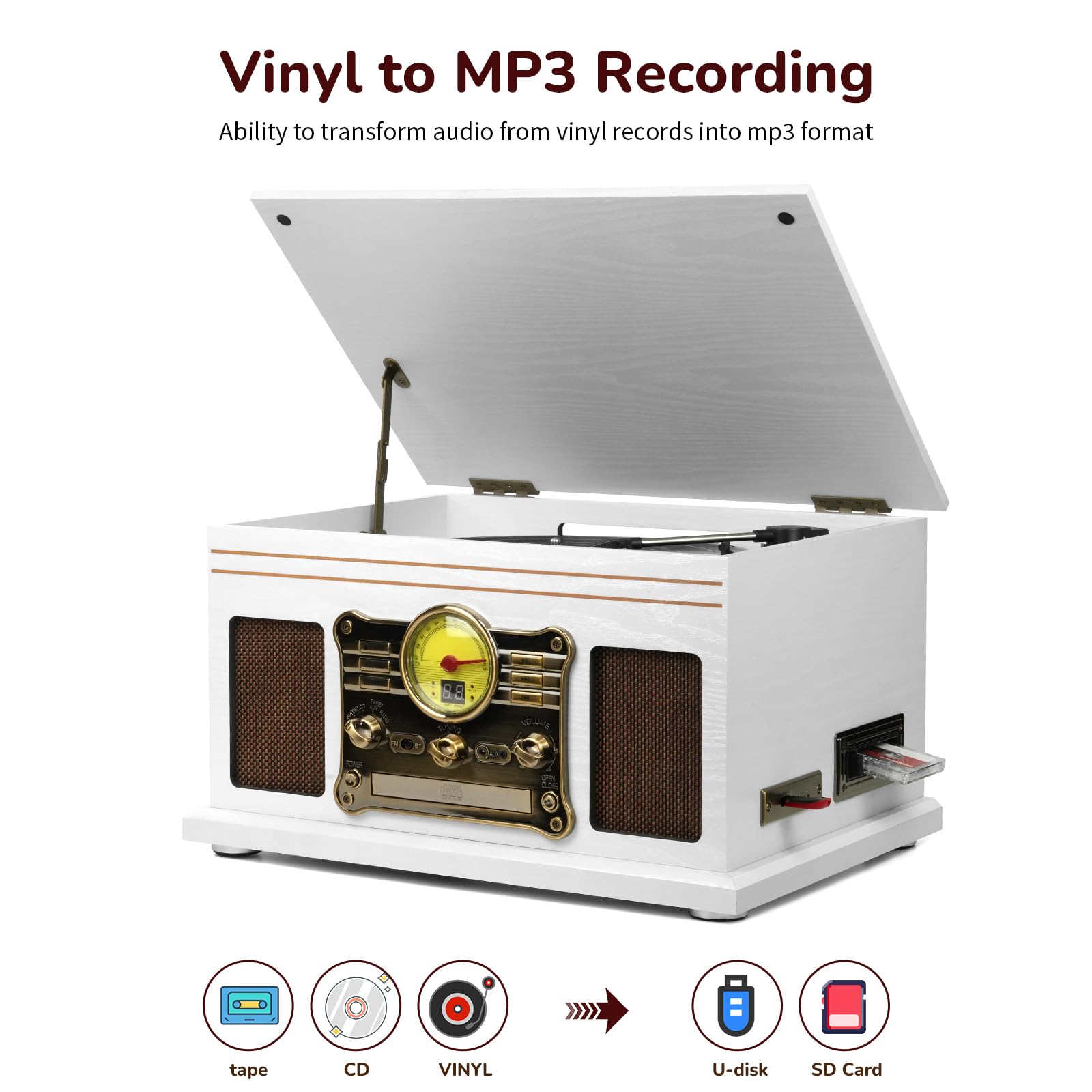 FEKTIK Bluetooth Record Player 10 in 1,FEKTIK 3-Speed Turntable for Vinyl with Speakers, LP to MP3 Converter, CD, Cassette Player, FM Radio, Wireless Streaming | White