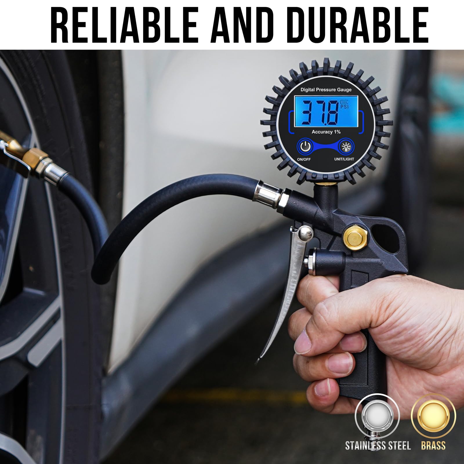 DigitPro Digital Tire Pressure Gauge with Inflator, Air Compressor Accessories with Air Chuck Quick Connect Coupler, Car Attachments with Rubber Hose for Car, Truck, SUV, Cycle, RV, 250 PSI