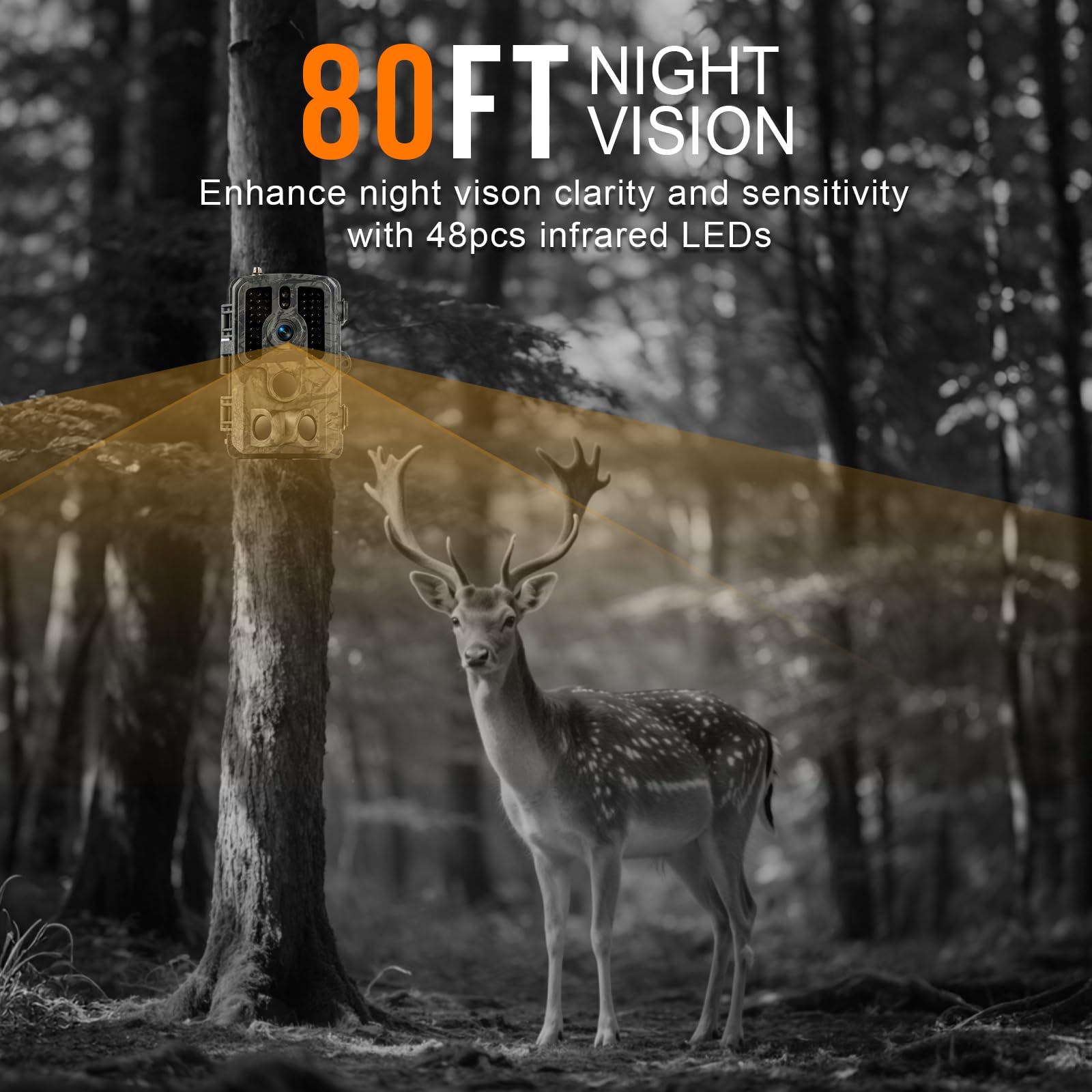 Trail Camera 4K 48MP with Night Vision Motion Activated Waterproof, Game Camera with WiFi Bluetooth, 0.1s Trigger, IR Night Vision 82ft, Outdoor Wildlife Cam with 8 Batteries 32GB SD Card