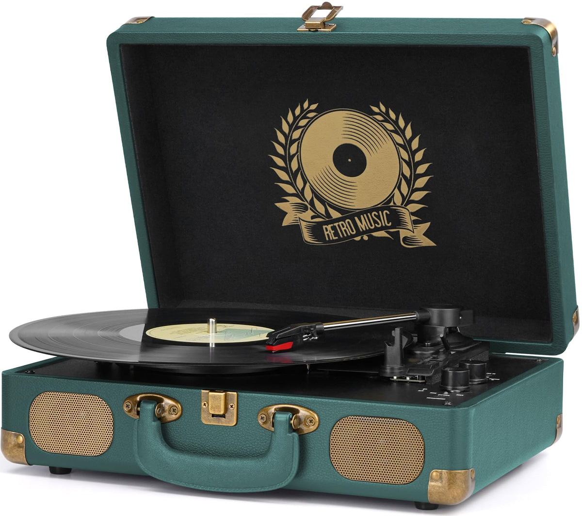 Vinyl Record Player Bluetooth Turntable 3-Speed Suitcase Portable Vintage Belt-Driven Record Player with Built-in Speakers RCA Line Out AUX in Headphone Jack Hunter Green