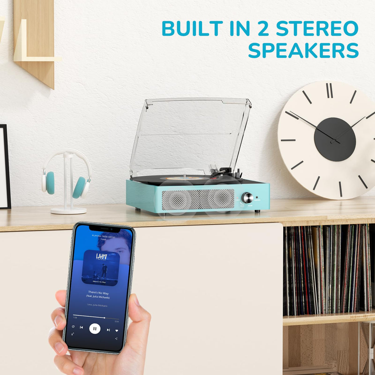 Vinyl Record Player with 2 Stereo Speakers Belt-Driven Vintage Turntables 3 Speed 3 Size Wireless Bluetooth Playback AUX-in RCA Out Headphone LP Vinyl Players Auto Stop Sky Blue