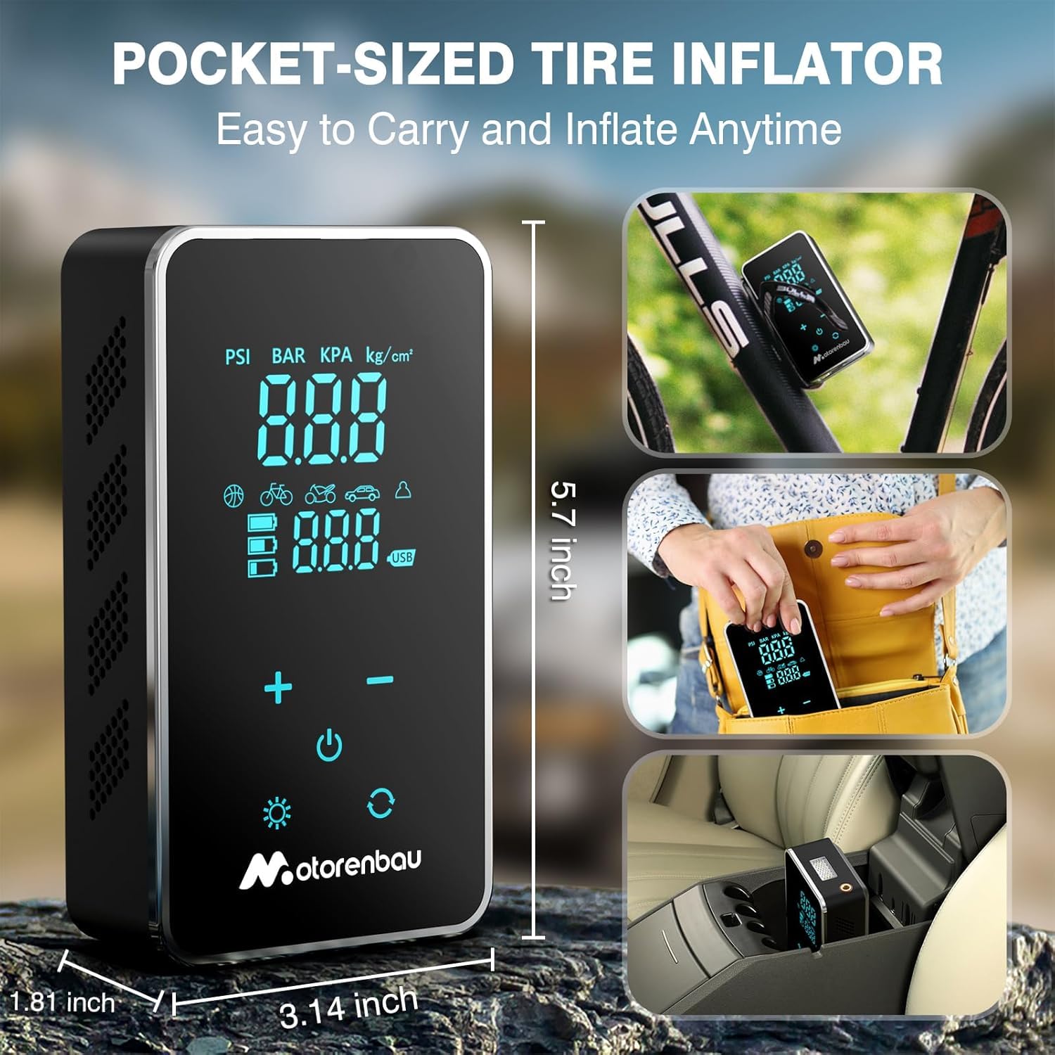 Tire Inflator Portable Air Compressor, 150PSI Cordless Air Pump for Car Tire, 3X Faster Auto Tire Inflator with Digital Pressure Gauge LCD Screen, Rechargeable Tire Pump for Cars,SUVs,Motorcycle,Bike