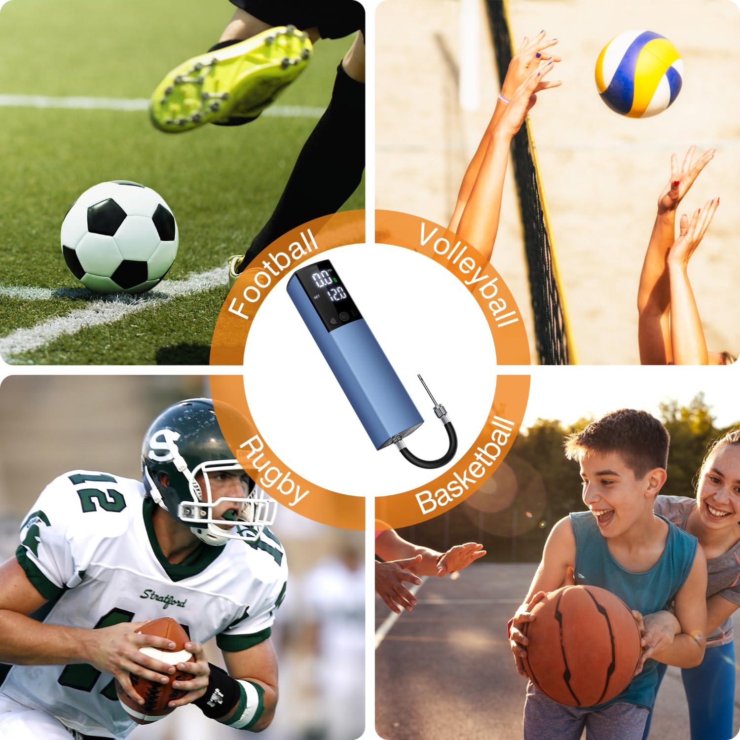 Electric Ball Pump,Smart Air Pump Portable Fast Ball Inflation with Accurate Pressure Gauge and Digital LCD Display for Basketball Football Soccer Volleyball (2Pin&2Nozzle&1Spout)