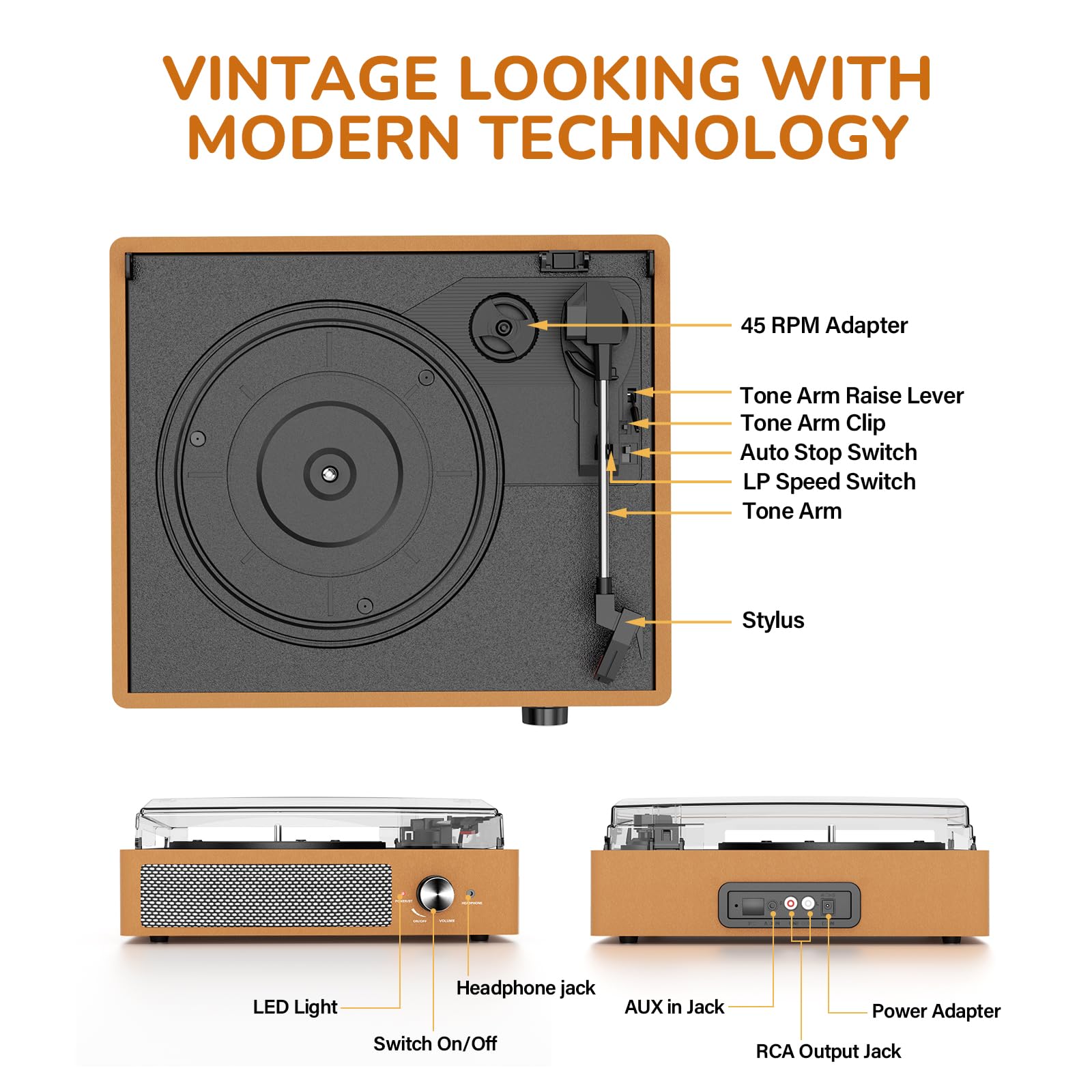 Vinyl Record Player with 2 Stereo Speakers Belt-Driven Vintage Turntables 3 Speed 3 Size Wireless Bluetooth Playback AUX-in RCA Out Headphone LP Vinyl Players Auto Stop Frosted Golden