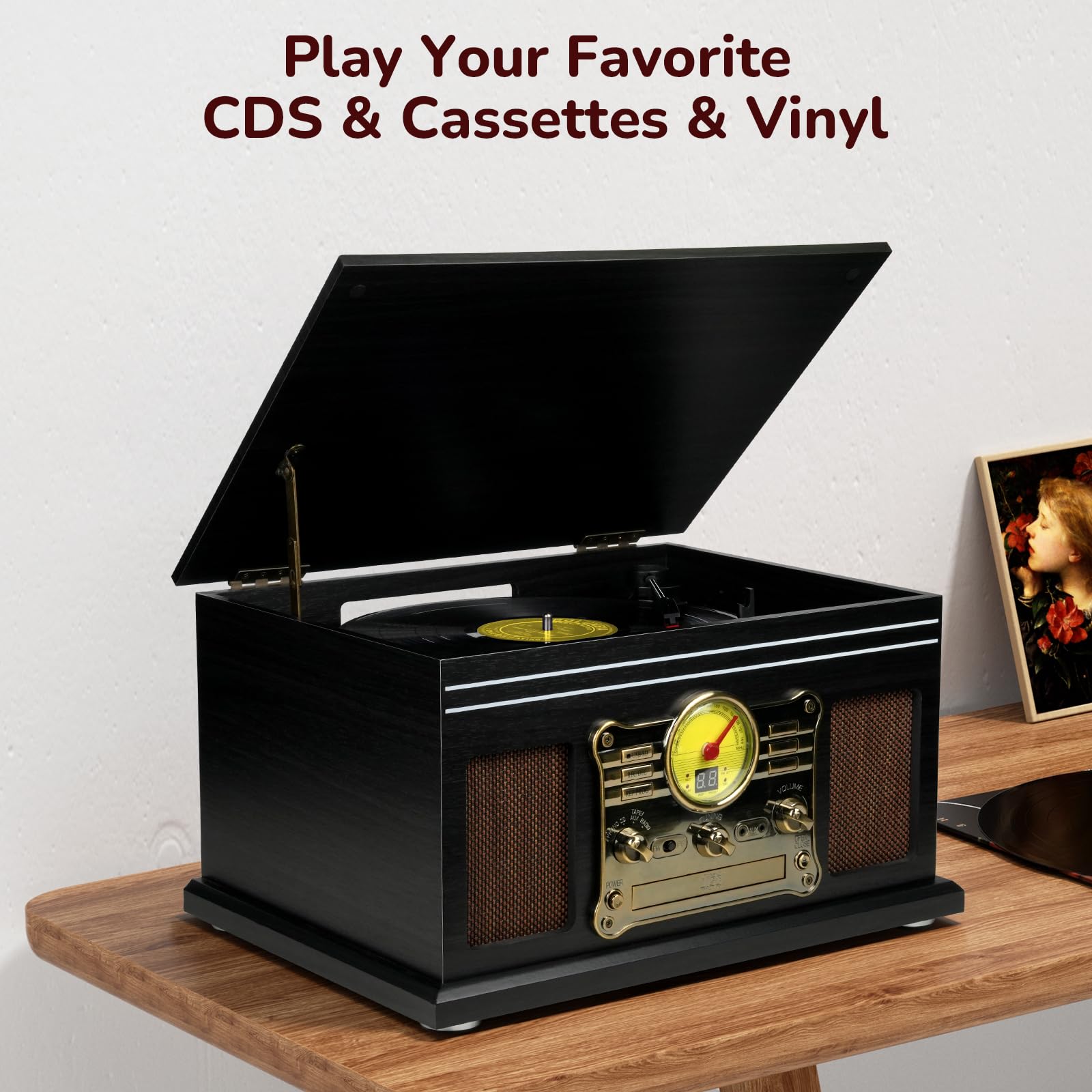 FEKTIK Bluetooth Record Player 10 in 1,FEKTIK 3-Speed Turntable for Vinyl with Speakers, LP to MP3 Converter, CD, Cassette Player, FM Radio, Wireless Streaming | Black