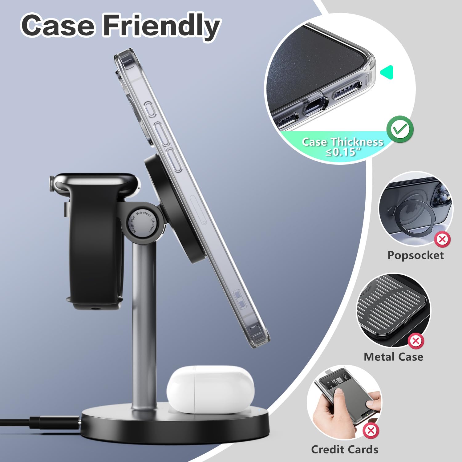 3 in 1 Wireless Charging Station Compatible with MagSafe, 15W Fast Charging Magnetic Mag-Safe Charger Stand for Apple iPhone 17 16 15 14 13 12Series Apple Watch AirPods Pro 4 3 2, Gifts for Men Women