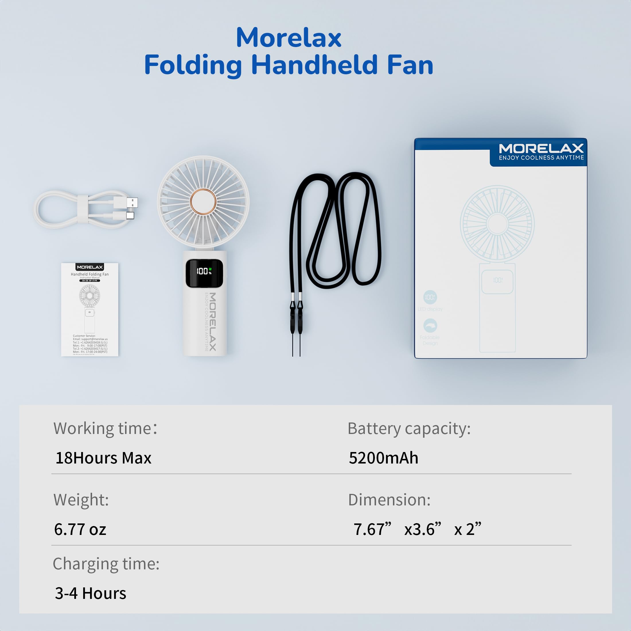 Portable Handheld Fan, USB Rechargeable Foldable Mini Personal Fan, 5200mAh, 180 Adjustable, 6 Speed Wind, 3 IN 1 Hand Cooling Desk Fan with LED Display for Home Office School Outdoor Travel, White