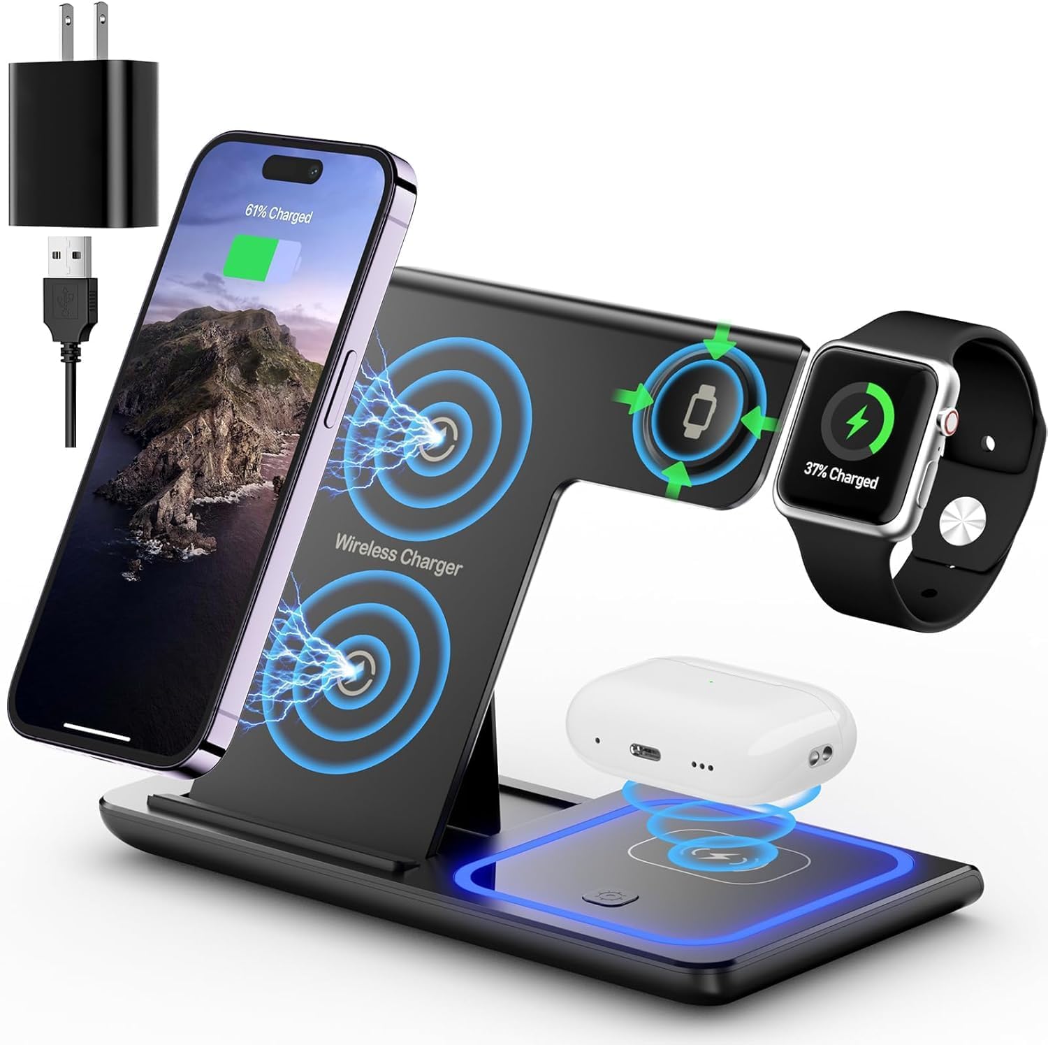 3 in 1 Wireless Charging Station for Apple, Wireless Charger Stand for iPhone 16/15/14/13/12/11/SE/X/8 Pro Max Plus Mini,Charging Dock for AirPods 4/3 Pro,Apple Watch 10/9/Ultra/8/SE/7/6/5/4/3