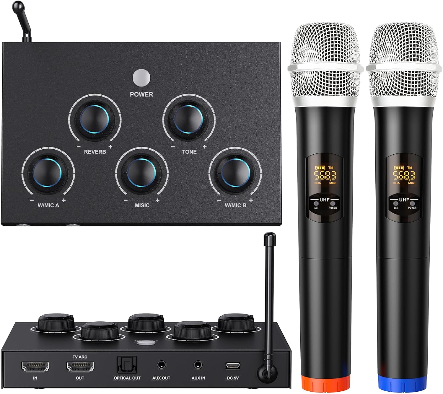 Portable Karaoke Microphone Mixer System Set, with Dual UHF Wireless Mic, HDMI-ARC/Optical/AUX & HDMI In/Out in Singing Receiver for Smart TV, PC, KTV, Home Theater, Amplifier, Speaker