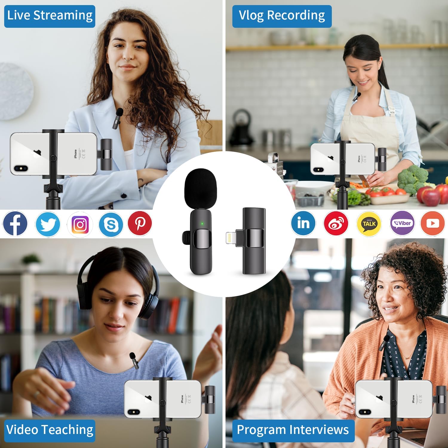 Professional Wireless Microphone for iPhone, iPad, Cordless Lavalier Lapel Omnidirectional Condenser Recording Mic for Video Recording