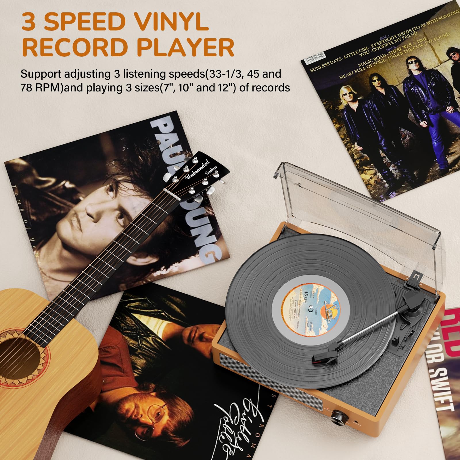 Vinyl Record Player with 2 Stereo Speakers Belt-Driven Vintage Turntables 3 Speed 3 Size Wireless Bluetooth Playback AUX-in RCA Out Headphone LP Vinyl Players Auto Stop Frosted Golden