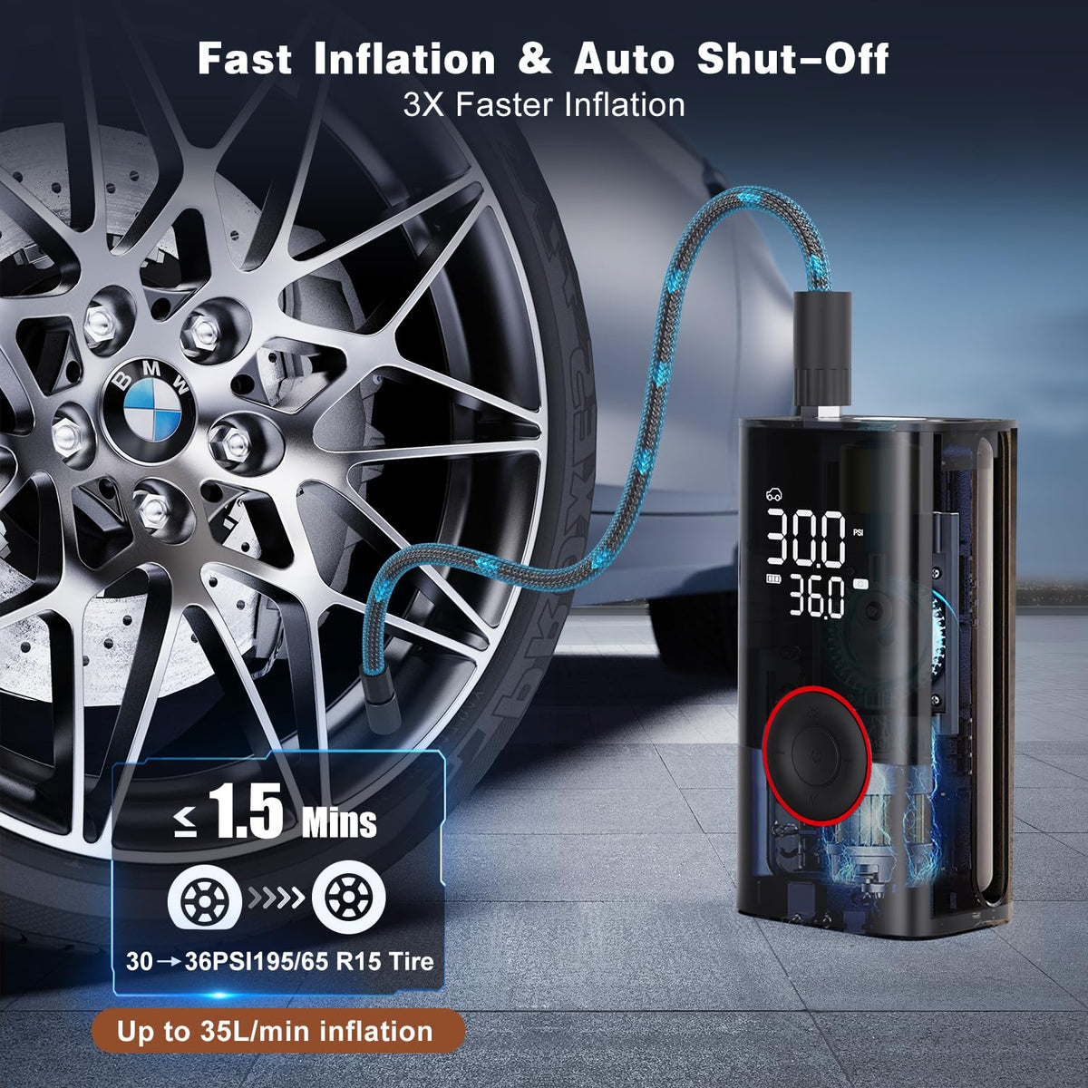 Motorenbau Tire Inflator Portable Air Compressor - Portable Cordless Mini Air Pump with Digital Pressure Gauge, 150PSI 3X Fast Inflation and Auto Shutoff Function Tires Pump for Cars