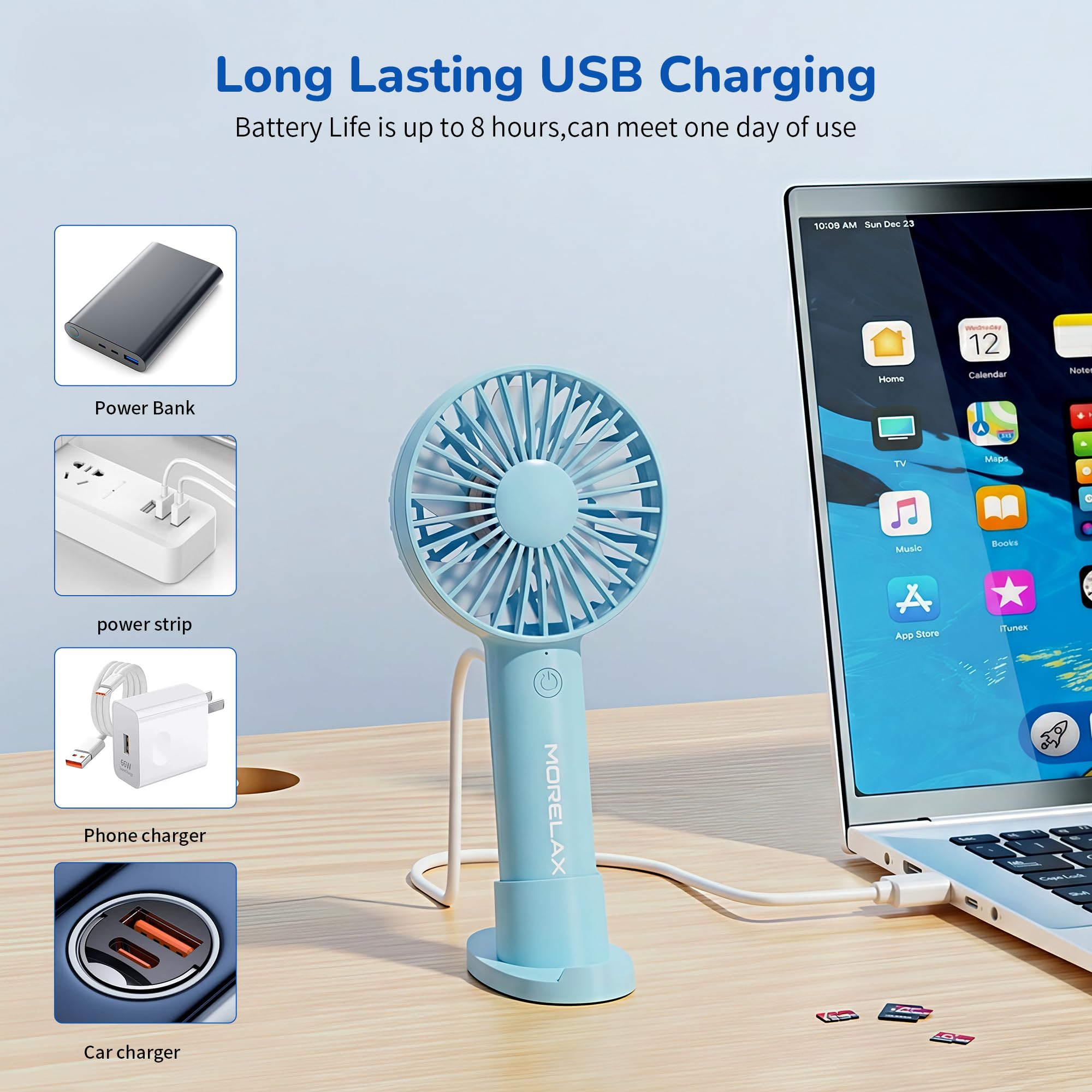 Jancane Handheld Fan, USB Rechargeable Mini Portable Fan with Base, 10H Battery, Strong Wind, Small & Powerful, Cute Design for Travel, Makeup, Girls Women Summer Gift(Light Blue)