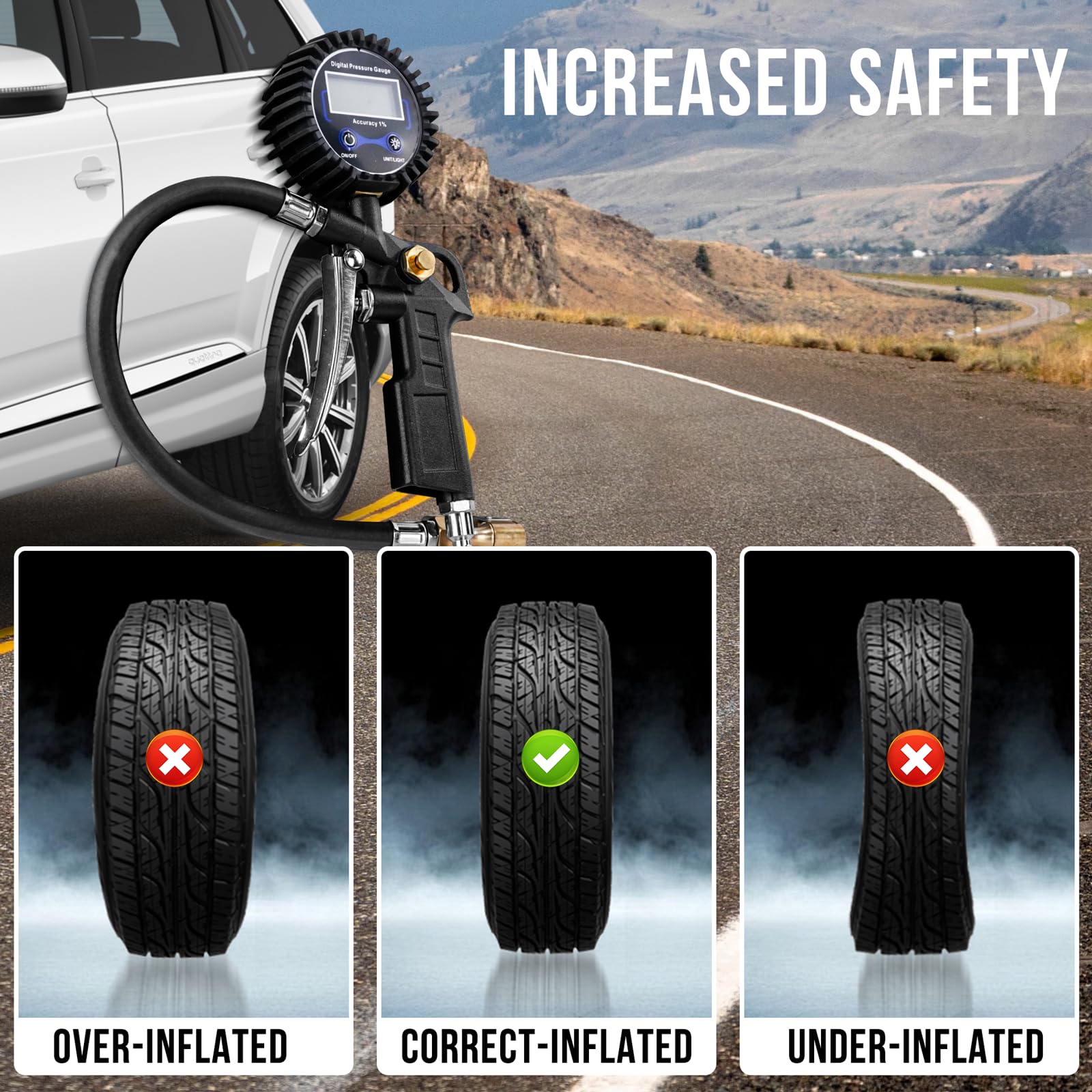 DigitPro Digital Tire Pressure Gauge with Inflator, Air Compressor Accessories with Air Chuck Quick Connect Coupler, Car Attachments with Rubber Hose for Car, Truck, SUV, Cycle, RV, 250 PSI