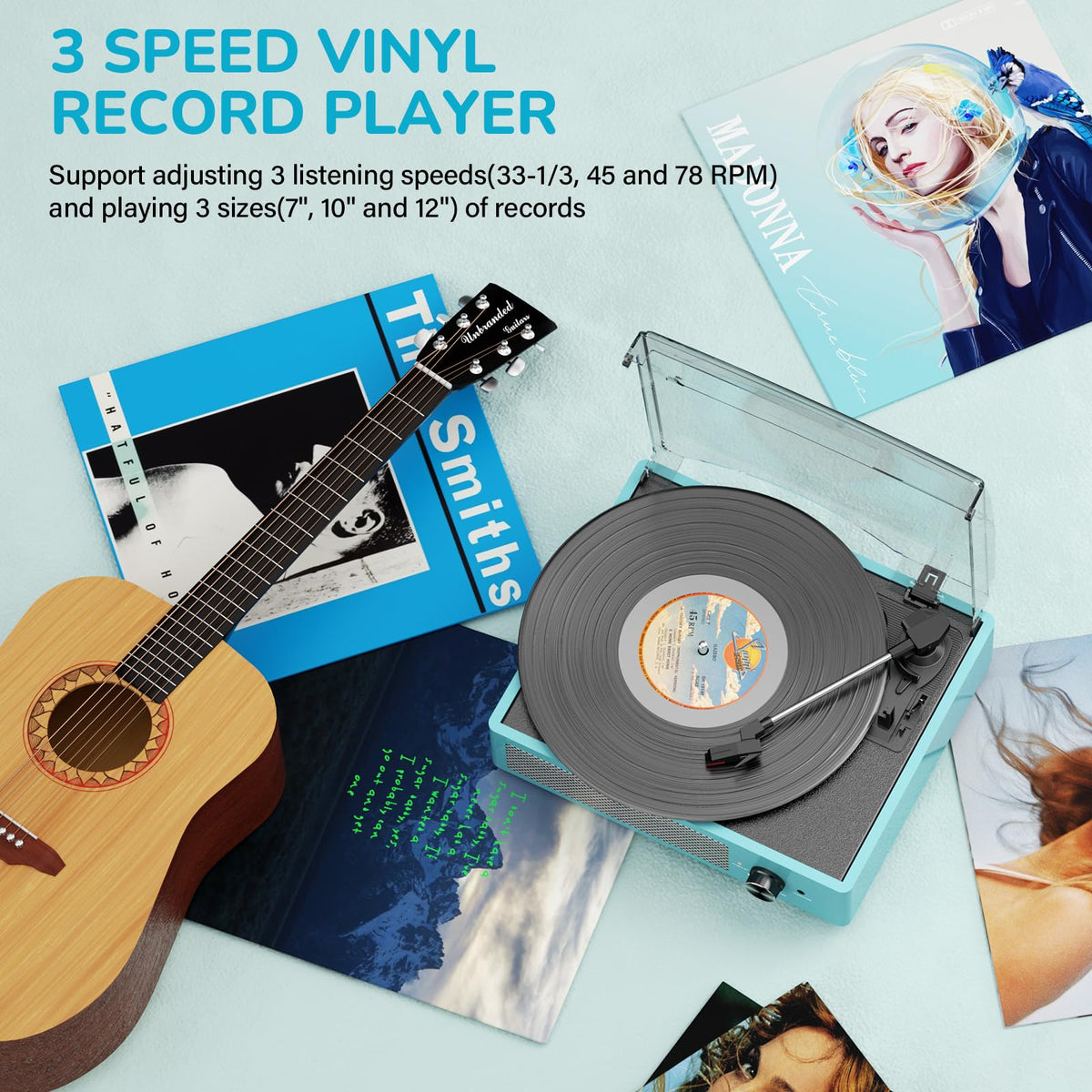Vinyl Record Player with 2 Stereo Speakers Belt-Driven Vintage Turntables 3 Speed 3 Size Wireless Bluetooth Playback AUX-in RCA Out Headphone LP Vinyl Players Auto Stop Sky Blue