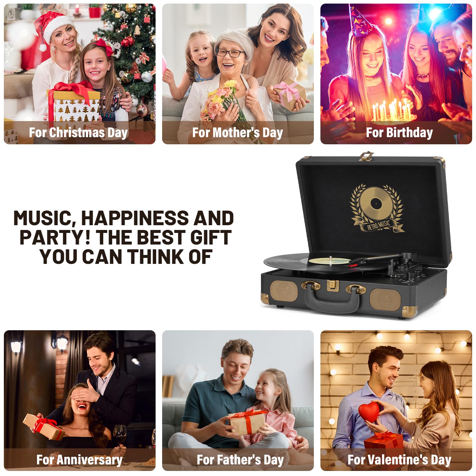 Vinyl Record Player Bluetooth 3-Speed Portable Vintage Suitcase with Built-in Speakers, RCA Line Out AUX in Headphone Jack Vintage Turntable, Black