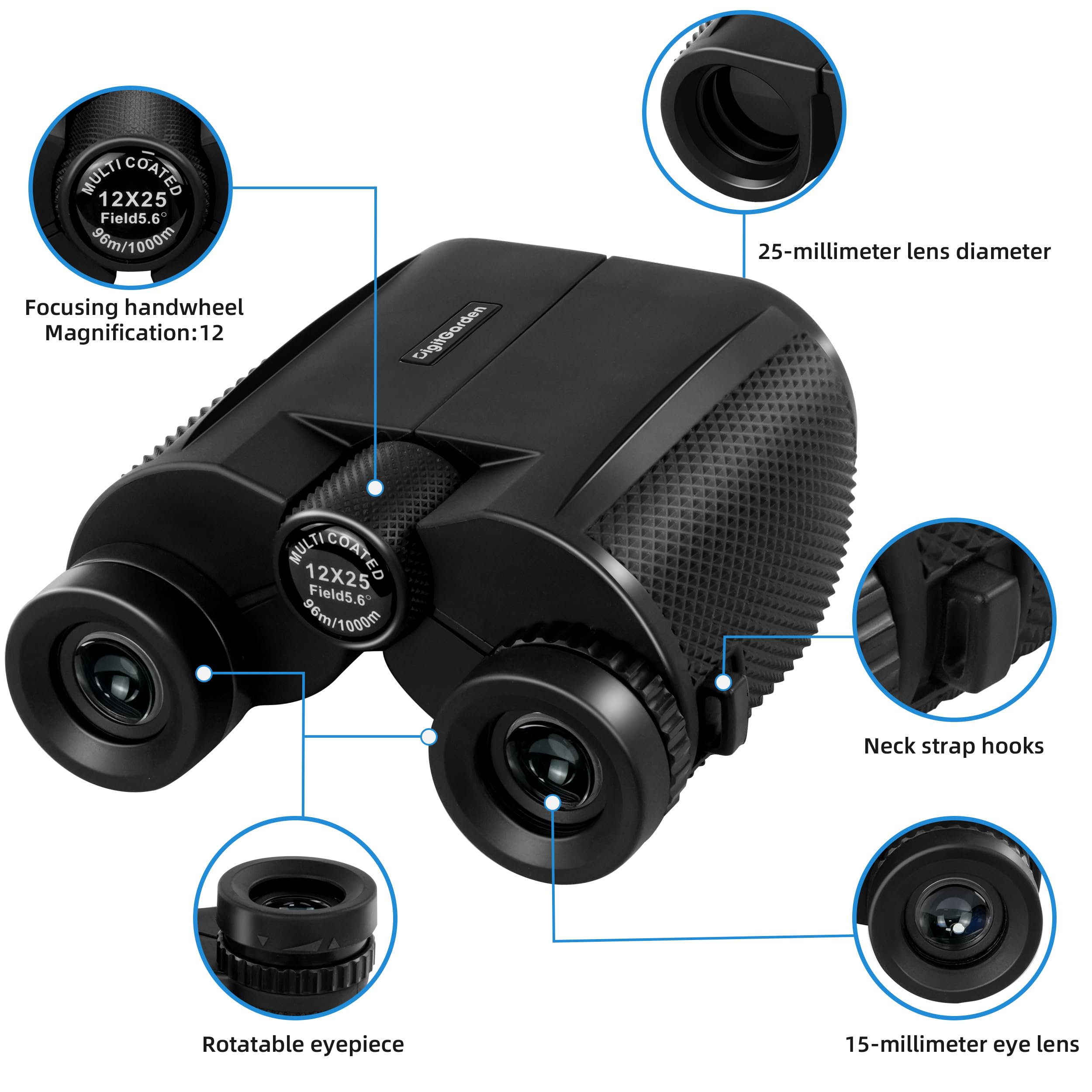 Binoculars for Adults and Kids, 12x25 HD Compact Binoculars for Bird Watching, Large Eyepiece Waterproof Binocular and Low Light Vision, Easy Focus for Sport Games, Outdoor Hunting, Travel Sightseeing