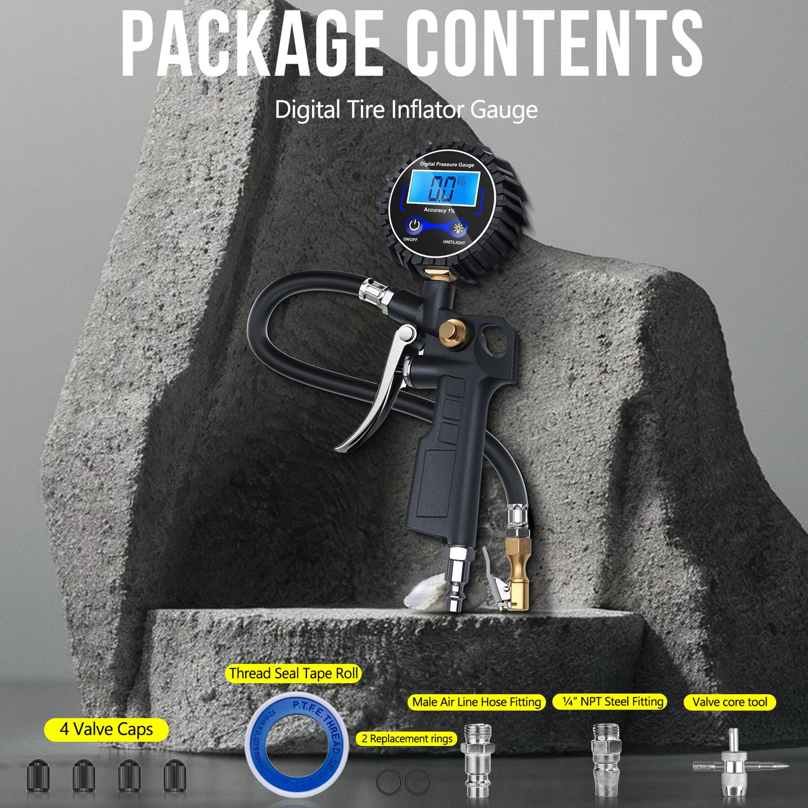 DigitPro Digital Tire Pressure Gauge with Inflator, Air Compressor Accessories with Air Chuck Quick Connect Coupler, Car Attachments with Rubber Hose for Car, Truck, SUV, Cycle, RV, 250 PSI