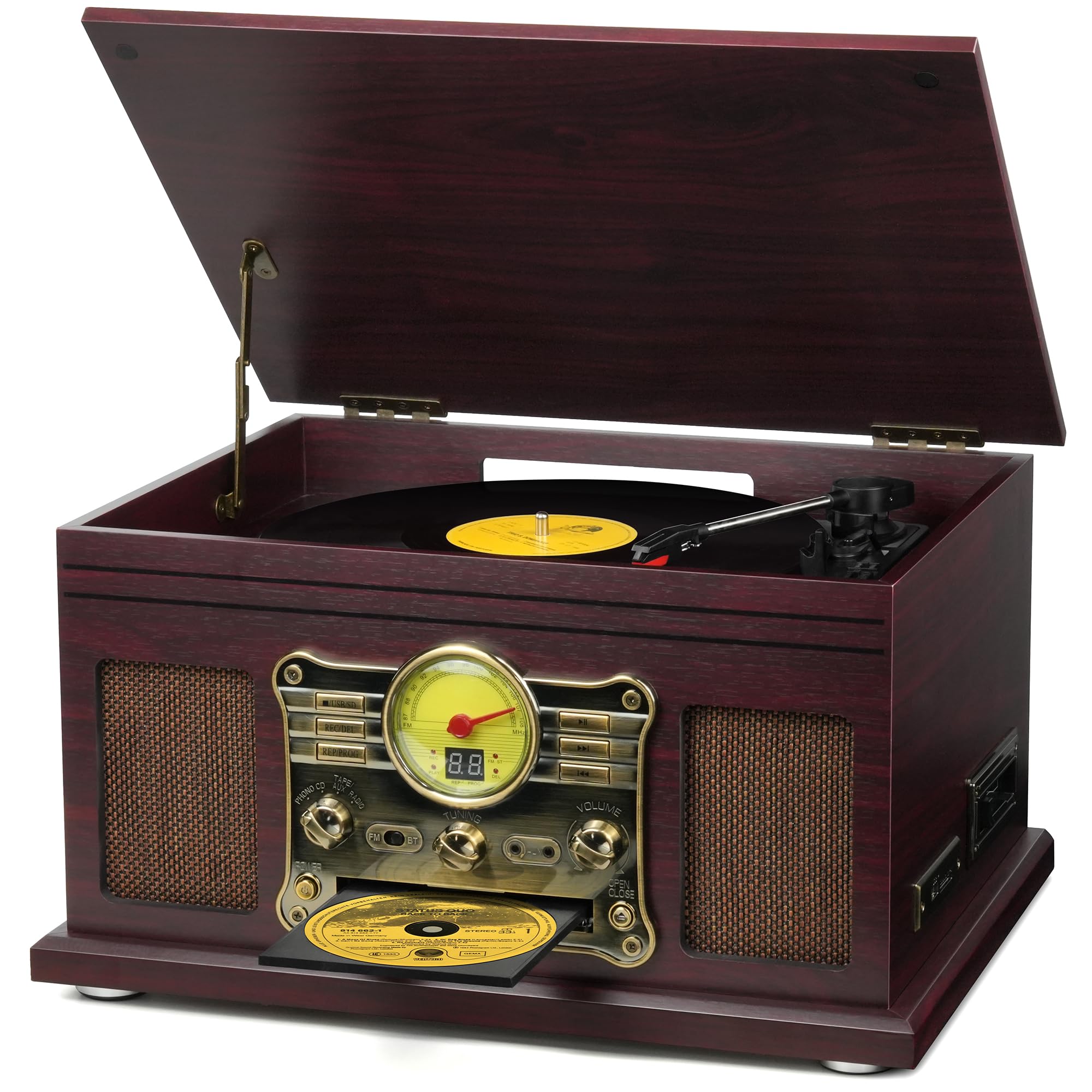FEKTIK Bluetooth Record Player 10 in 1,FEKTIK 3-Speed Turntable for Vinyl with Speakers, LP to MP3 Converter, CD, Cassette Player, FM Radio, Wireless Streaming | Coffee