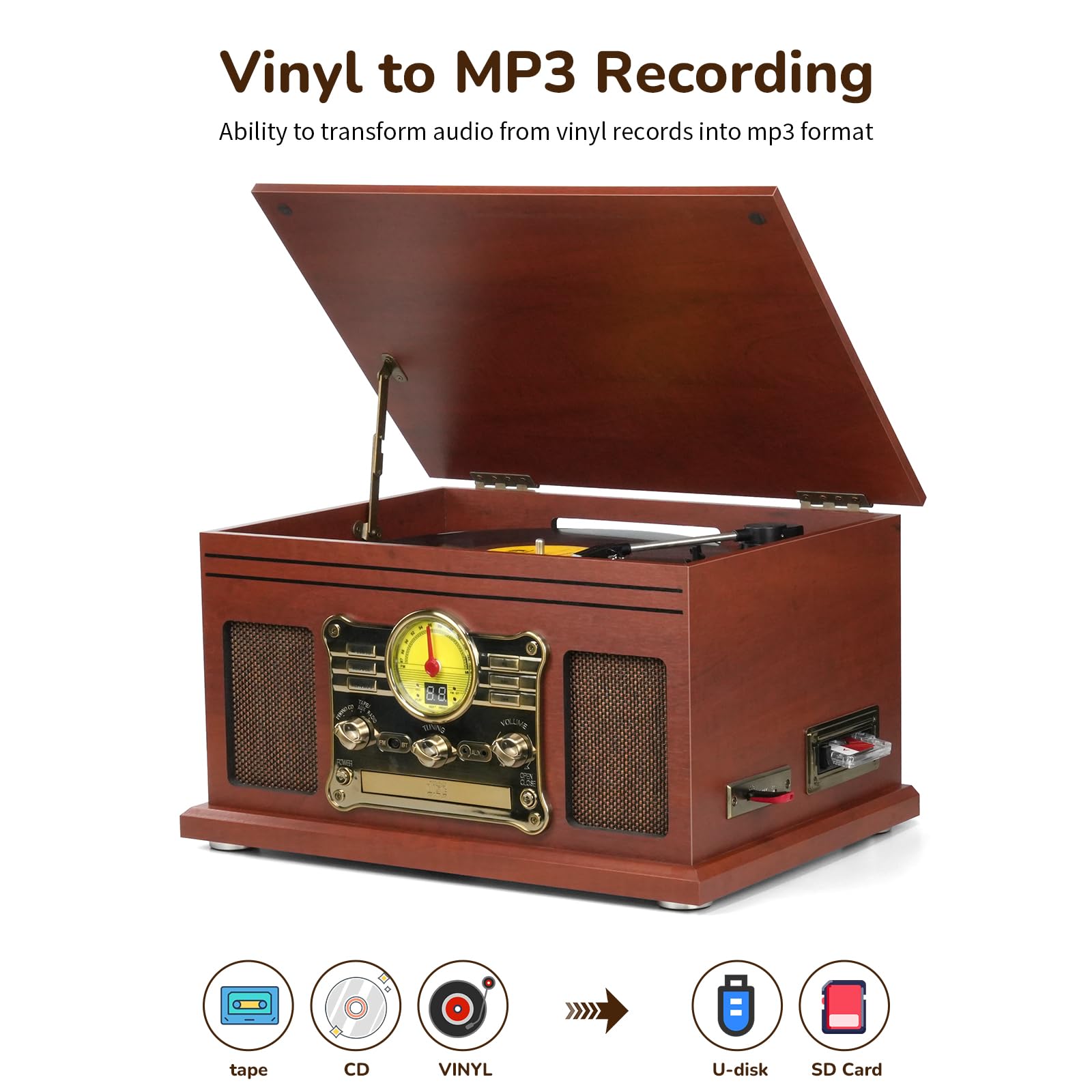 Bluetooth Record Player 10 in 1, 3-Speed Turntable for Vinyl with Speakers, LP to MP3 Converter, CD, Cassette Player, FM Radio, Wireless Streaming | Mahogany