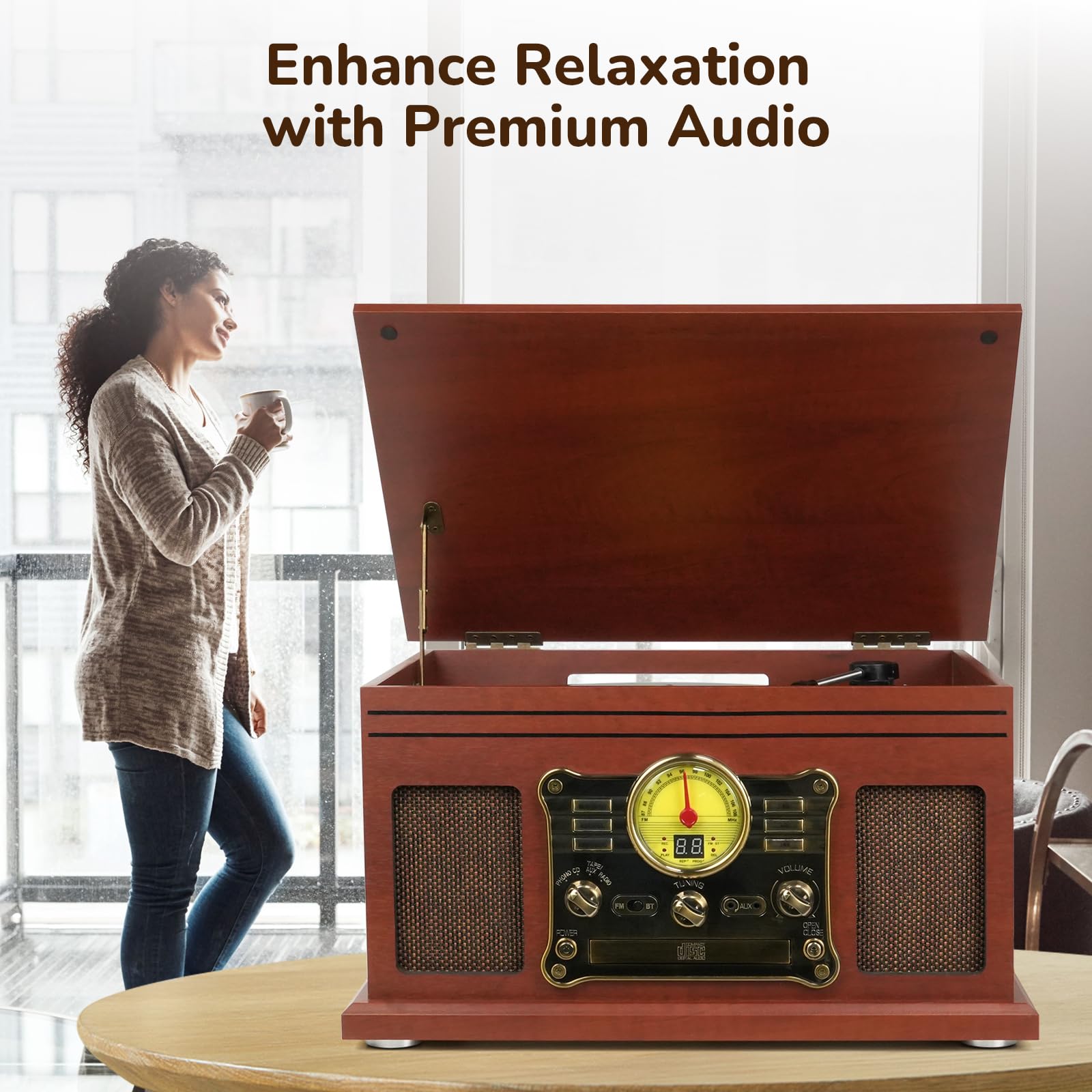 Bluetooth Record Player 10 in 1, 3-Speed Turntable for Vinyl with Speakers, LP to MP3 Converter, CD, Cassette Player, FM Radio, Wireless Streaming | Mahogany