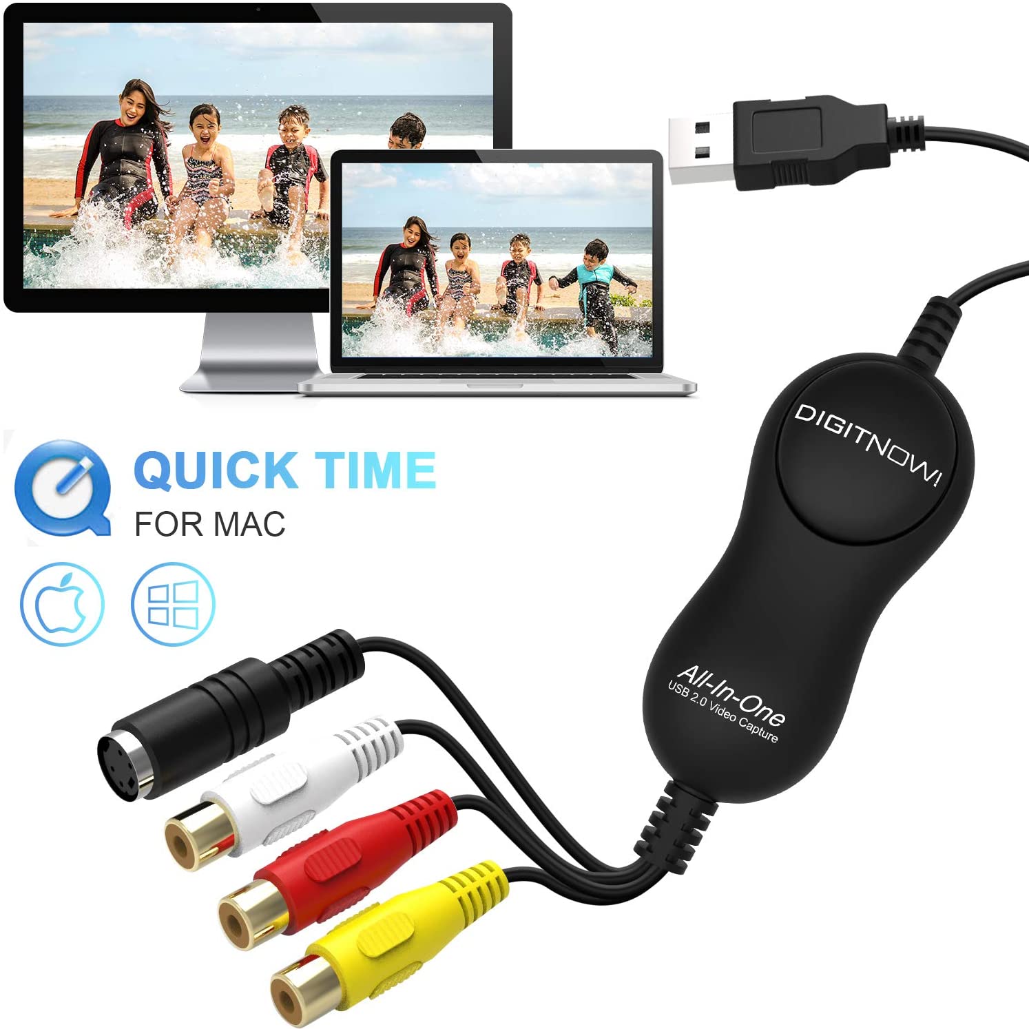 Video Capture, VHS to Digital Converter, USB 2.0 Video Capture Device, VCR to Digital Converter, RCA to USB Converter, Video Grabber for MAC/PC/TV/Camcorder, MAC OS Windows Compatible