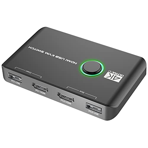 4K KVM Switch HDMI 2 Port Box, for 2 Computers Share Keyboard Mouse Printer and one HD Monitor,with 2 USB Cables and 2 HDMI Cables
