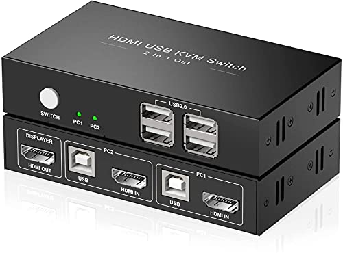 HDMI KVM Switch, 4 USB 2.0 Ports,2 HDMI Ports Support Wireless Keyboard and Mouse, USB Disk, Printer, Plug and Play