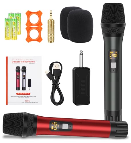 Wireless Microphones, Metal UHF Dual Handheld Dynamic Mic System,Microfonos Inalambricos with Rechargeable Receiver,160ft Range(Red&Grey)