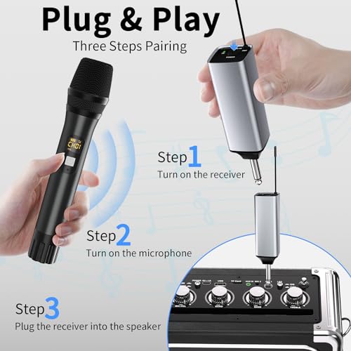 Wireless Microphones, Metal UHF Dual Handheld Dynamic Mic System,Microfonos Inalambricos with Rechargeable Receiver,200ft Range(Grey)