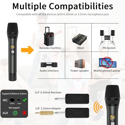 Wireless Microphones, Metal UHF Dual Handheld Dynamic Mic System,Microfonos Inalambricos with Rechargeable Receiver,200ft Range(Grey)