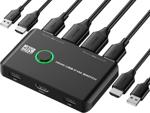 4K KVM Switch HDMI 2 Port Box, for 2 Computers Share Keyboard Mouse Printer and one HD Monitor,with 2 USB Cables and 2 HDMI Cables