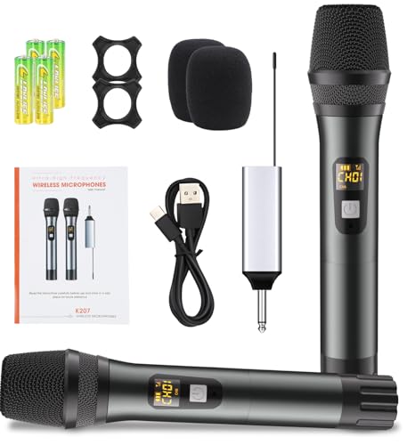 Wireless Microphones, Metal UHF Dual Handheld Dynamic Mic System,Microfonos Inalambricos with Rechargeable Receiver,200ft Range(Grey)