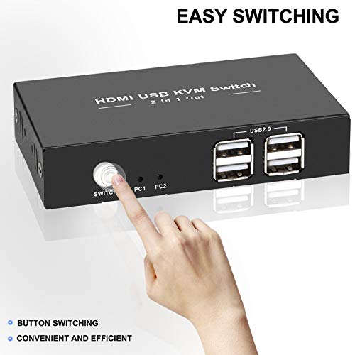 HDMI KVM Switch, 4 USB 2.0 Ports,2 HDMI Ports Support Wireless Keyboard and Mouse, USB Disk, Printer, Plug and Play