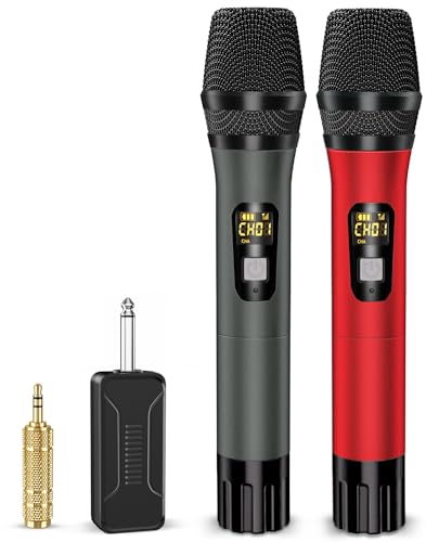 Wireless Microphones, Metal UHF Dual Handheld Dynamic Mic System,Microfonos Inalambricos with Rechargeable Receiver,160ft Range(Red&Grey)