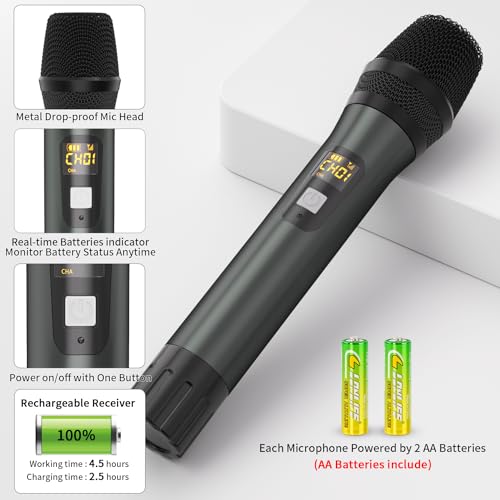 Wireless Microphones, Metal UHF Dual Handheld Dynamic Mic System,Microfonos Inalambricos with Rechargeable Receiver,160ft Range(Red&Grey)